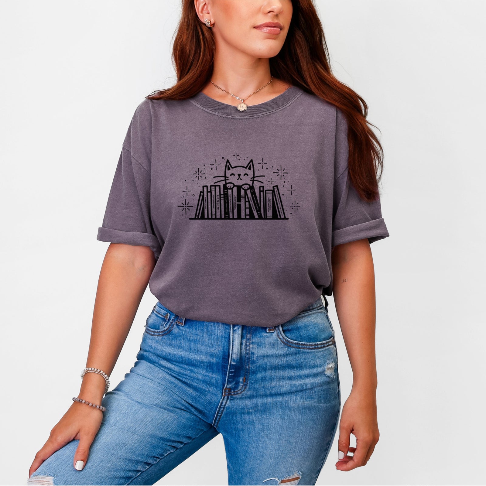 Kitty Library - Feline Behind Books - Unisex Comfort Colors Garment-Dyed Heavyweight T-shirt, worn by model