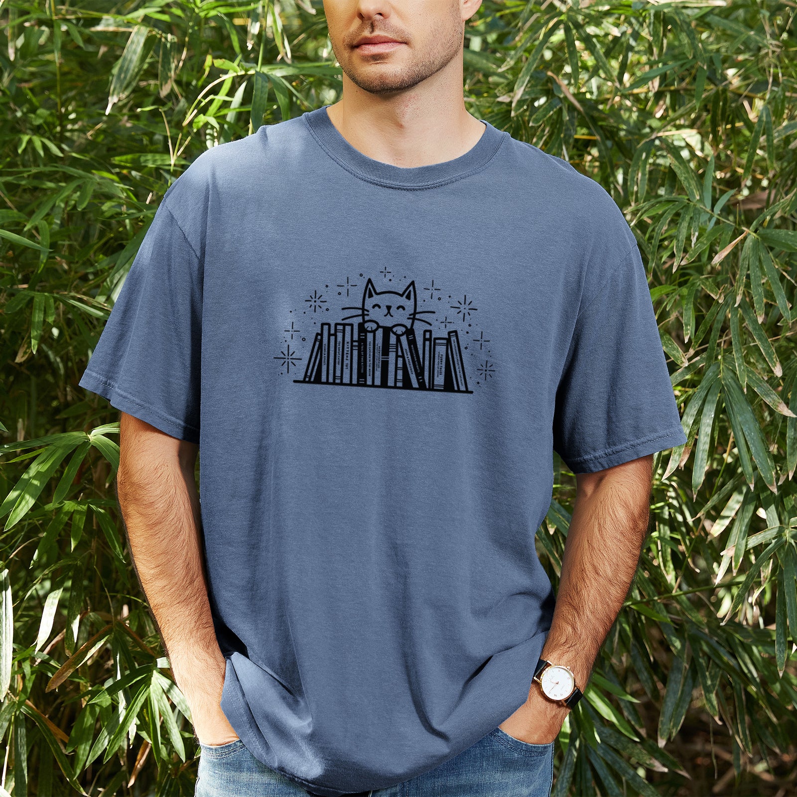 Kitty Library - Feline Behind Books - Unisex Comfort Colors Garment-Dyed Heavyweight T-shirt, worn by model