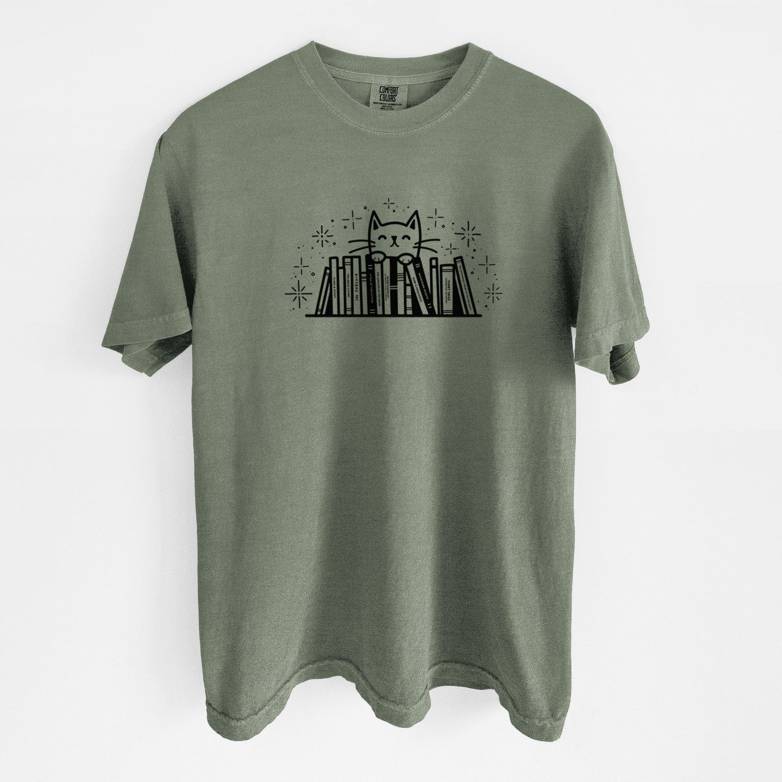 Kitty Library - Feline Behind Books - Unisex Comfort Colors Garment-Dyed Heavyweight T-shirt in Moss