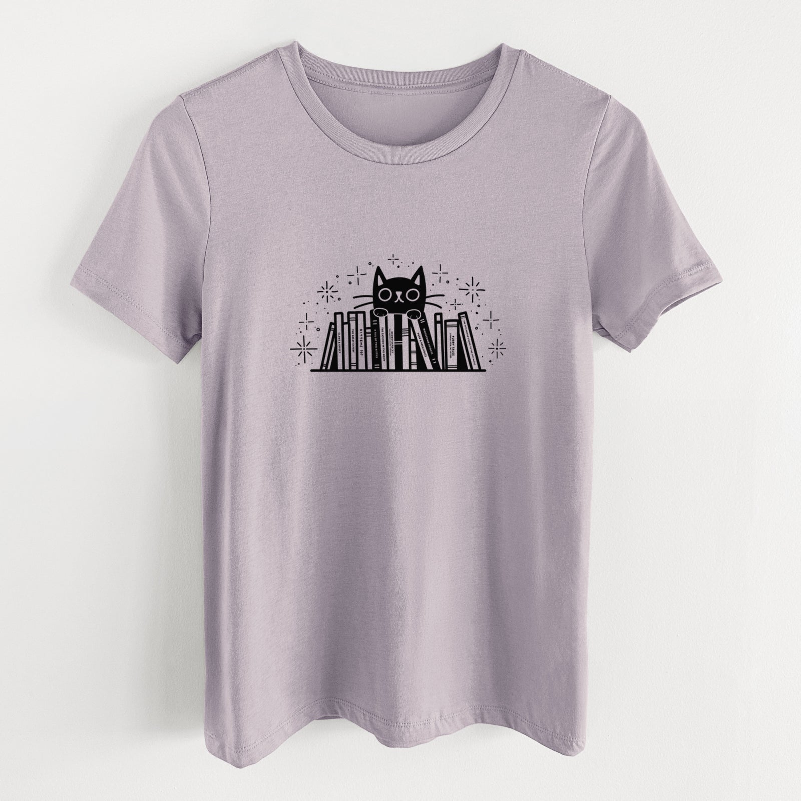 Kitty Library - Black Cat Behind Books - Women's Lightweight Relaxed Fit 100% Cotton Crewneck