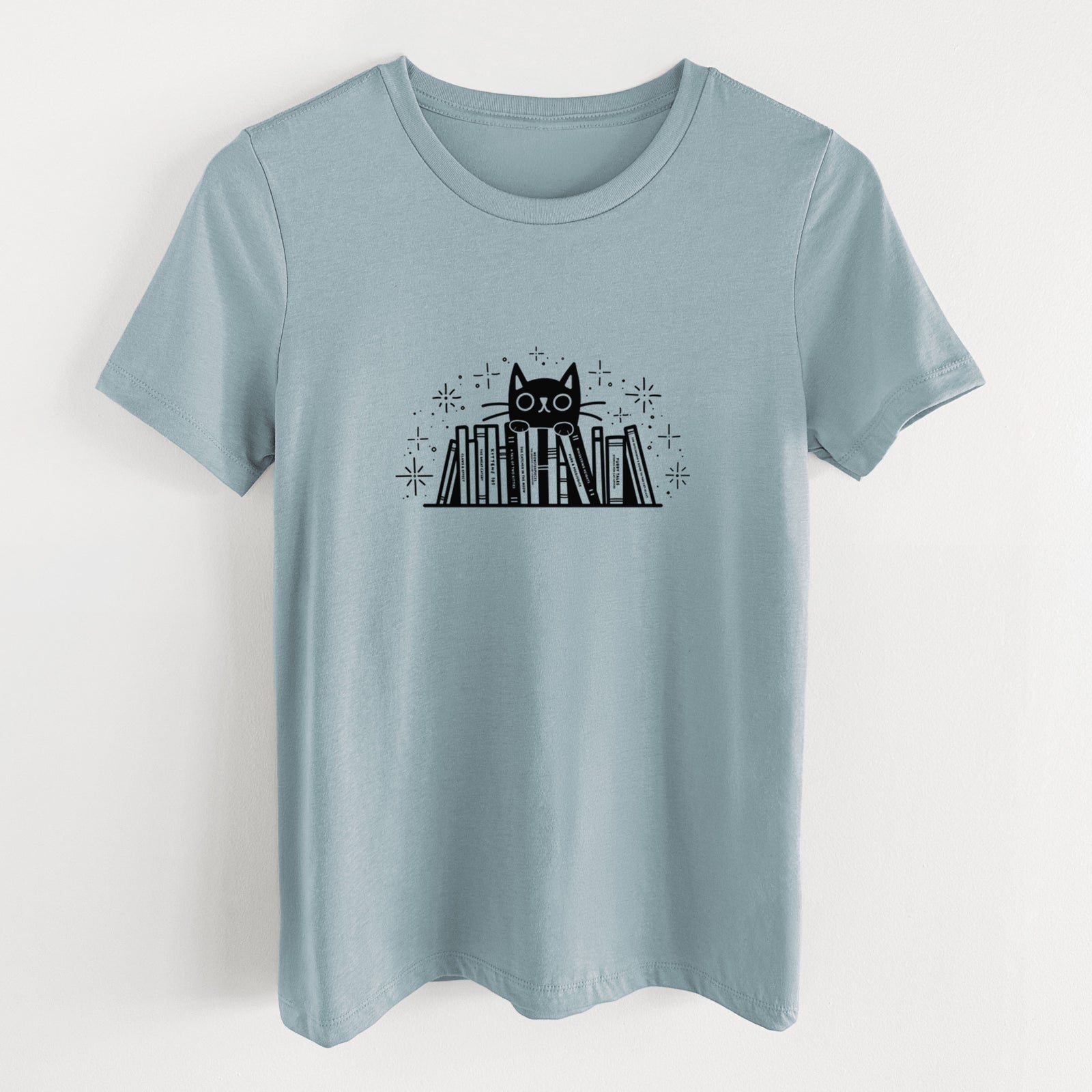 Kitty Library - Black Cat Behind Books - Women's Lightweight Relaxed Fit 100% Cotton Crewneck
