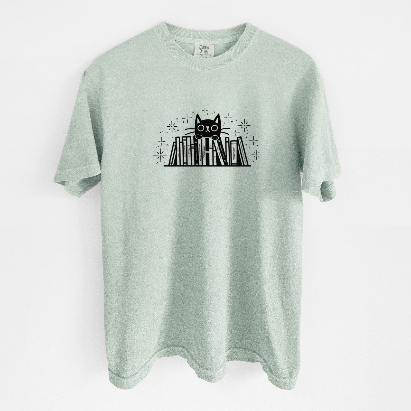 Kitty Library - Black Cat Behind Books - Unisex Comfort Colors Garment-Dyed Heavyweight T-shirt in Bay