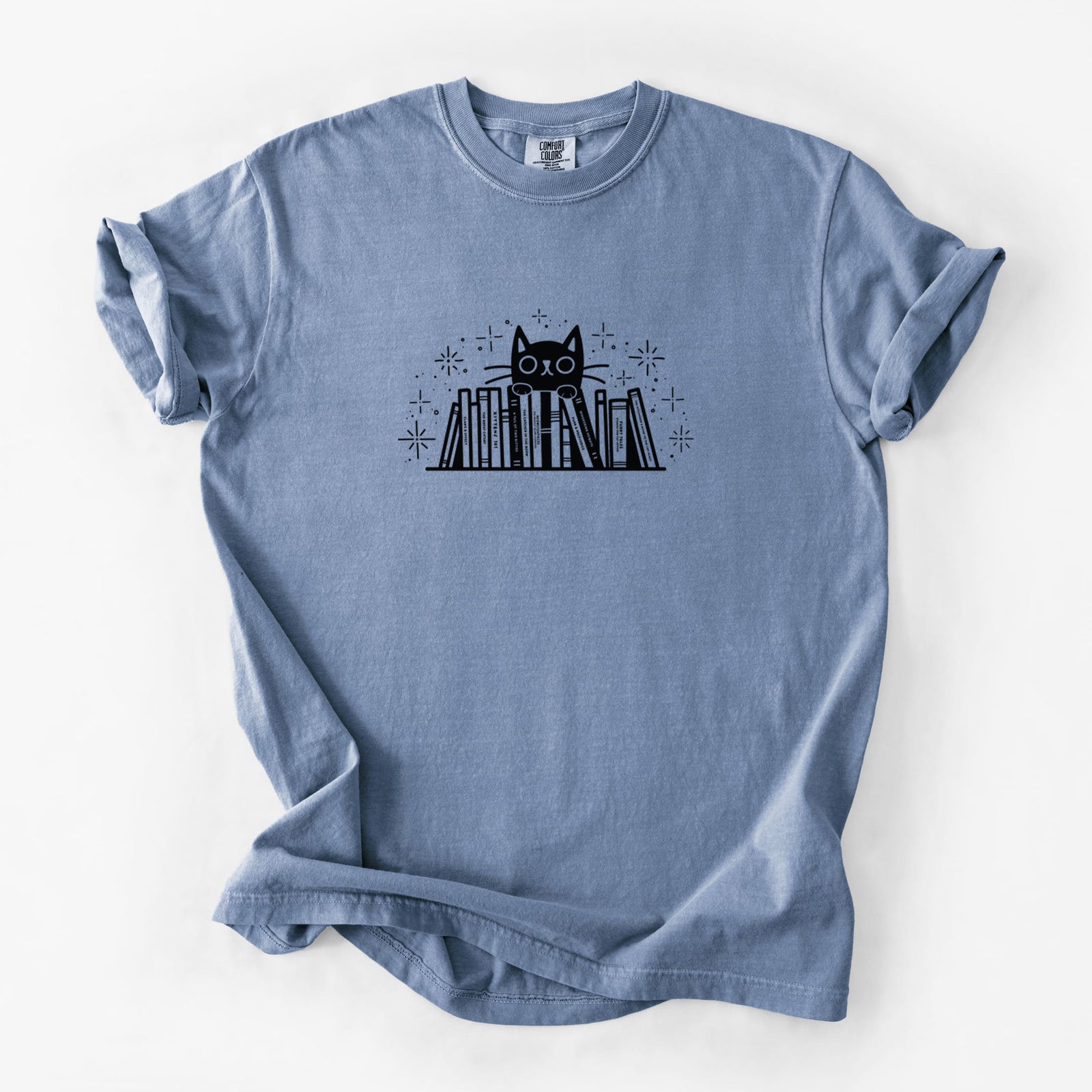 Kitty Library - Black Cat Behind Books - Unisex Comfort Colors Garment-Dyed Heavyweight T-shirt in Blue Jean