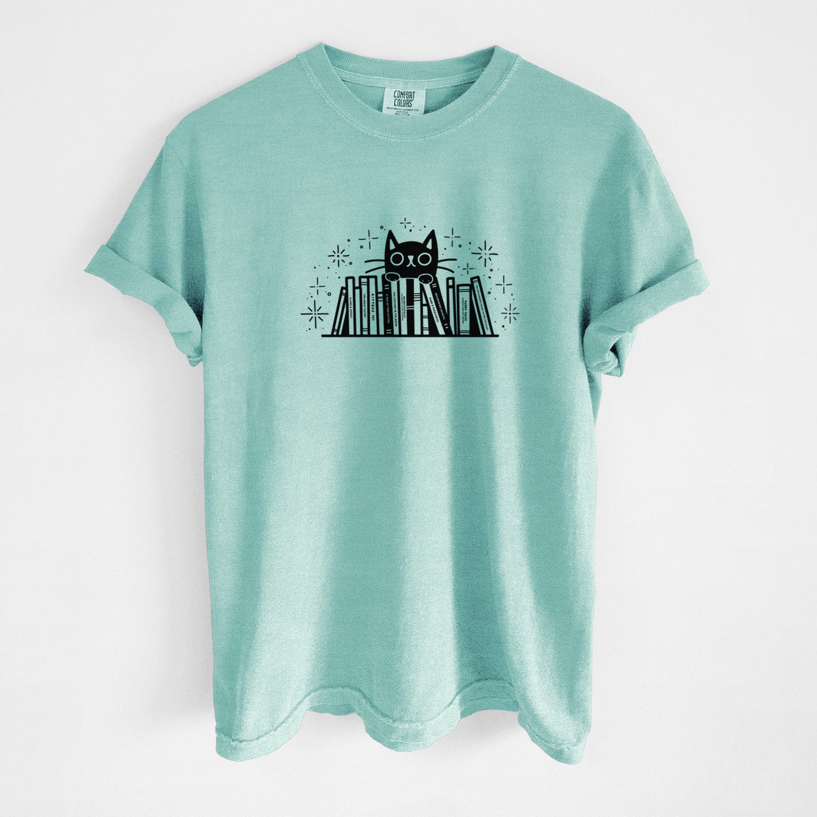 Kitty Library - Black Cat Behind Books - Unisex Comfort Colors Garment-Dyed Heavyweight T-shirt in Chalky Mint