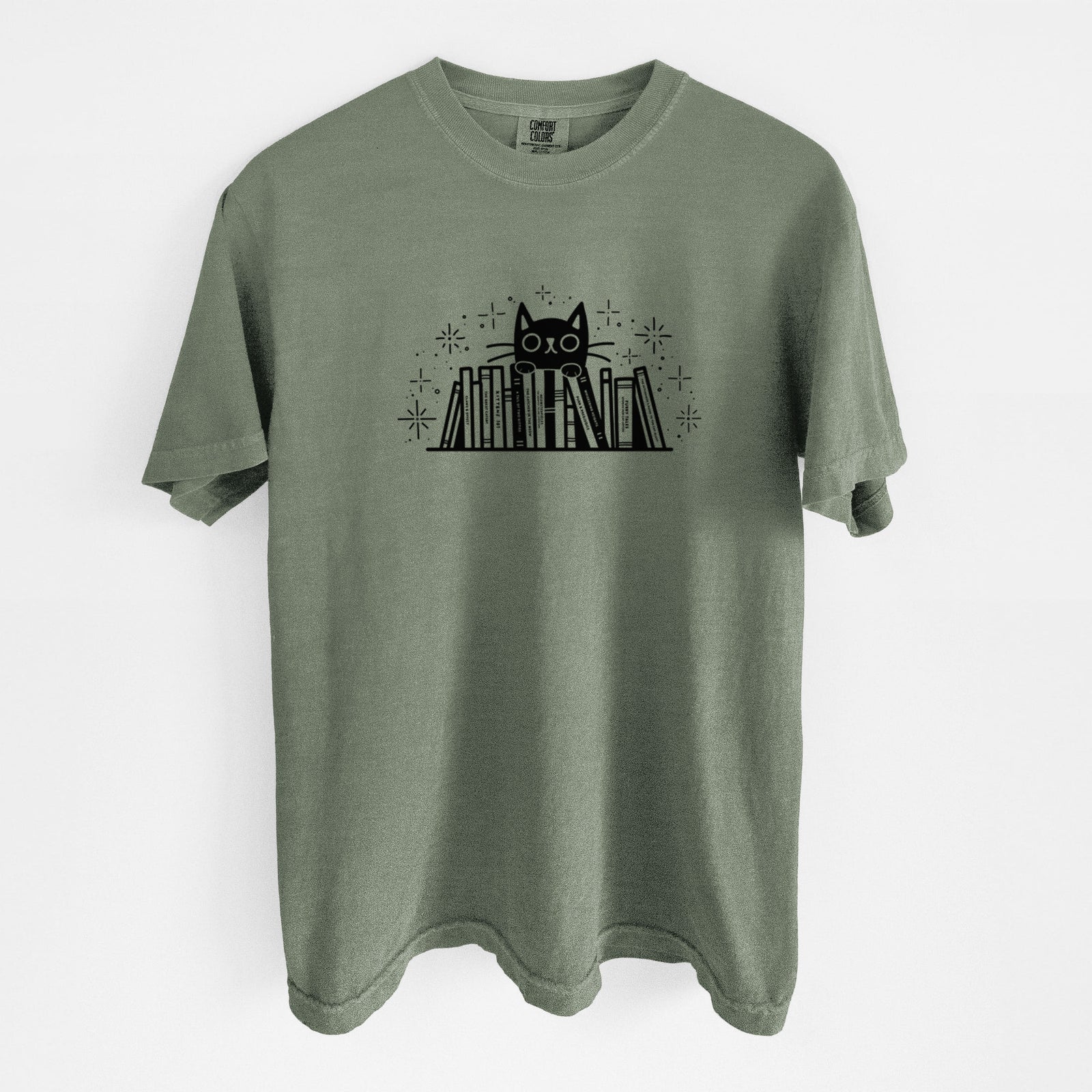 Kitty Library - Black Cat Behind Books - Unisex Comfort Colors Garment-Dyed Heavyweight T-shirt in Moss