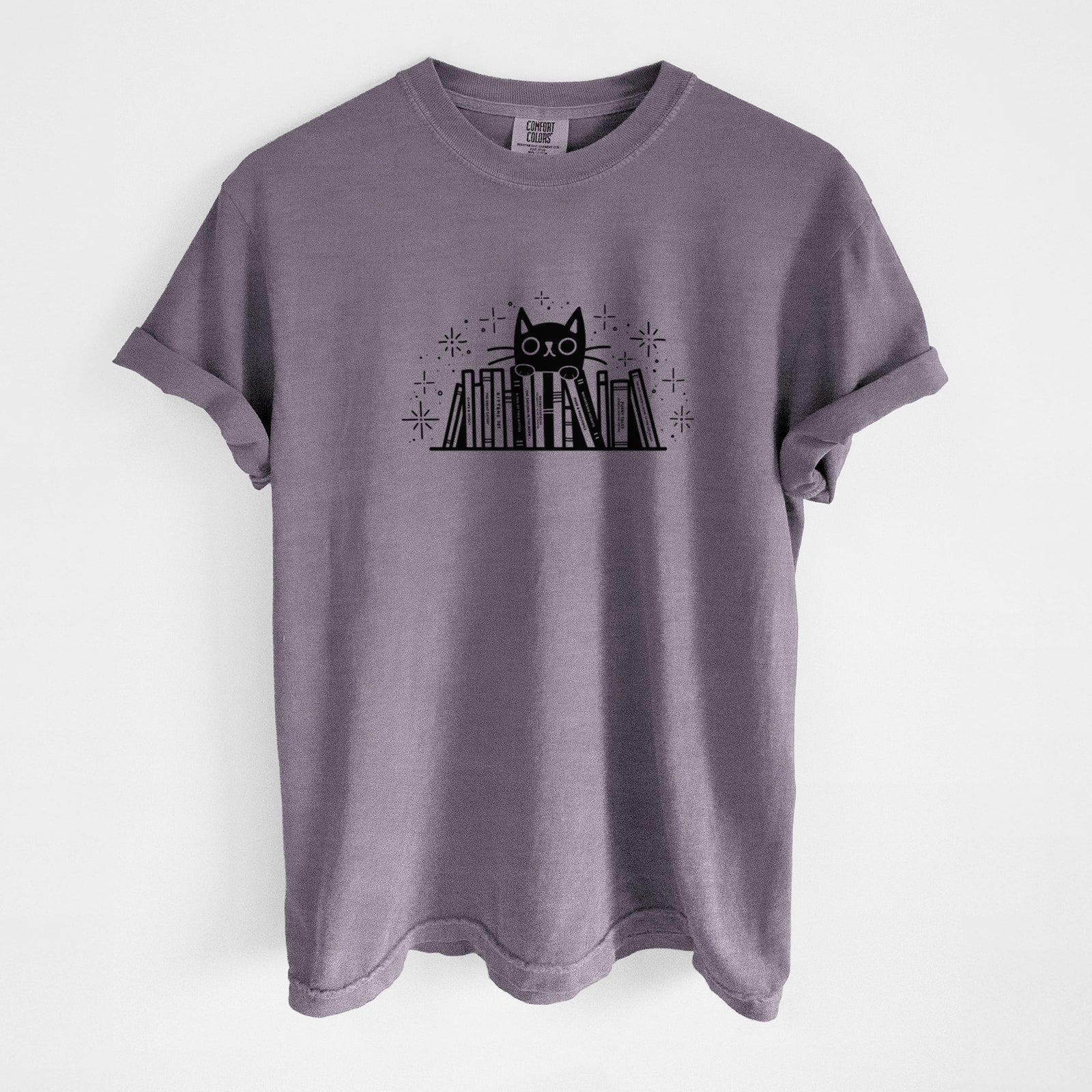 Kitty Library - Black Cat Behind Books - Unisex Comfort Colors Garment-Dyed Heavyweight T-shirt in Wine