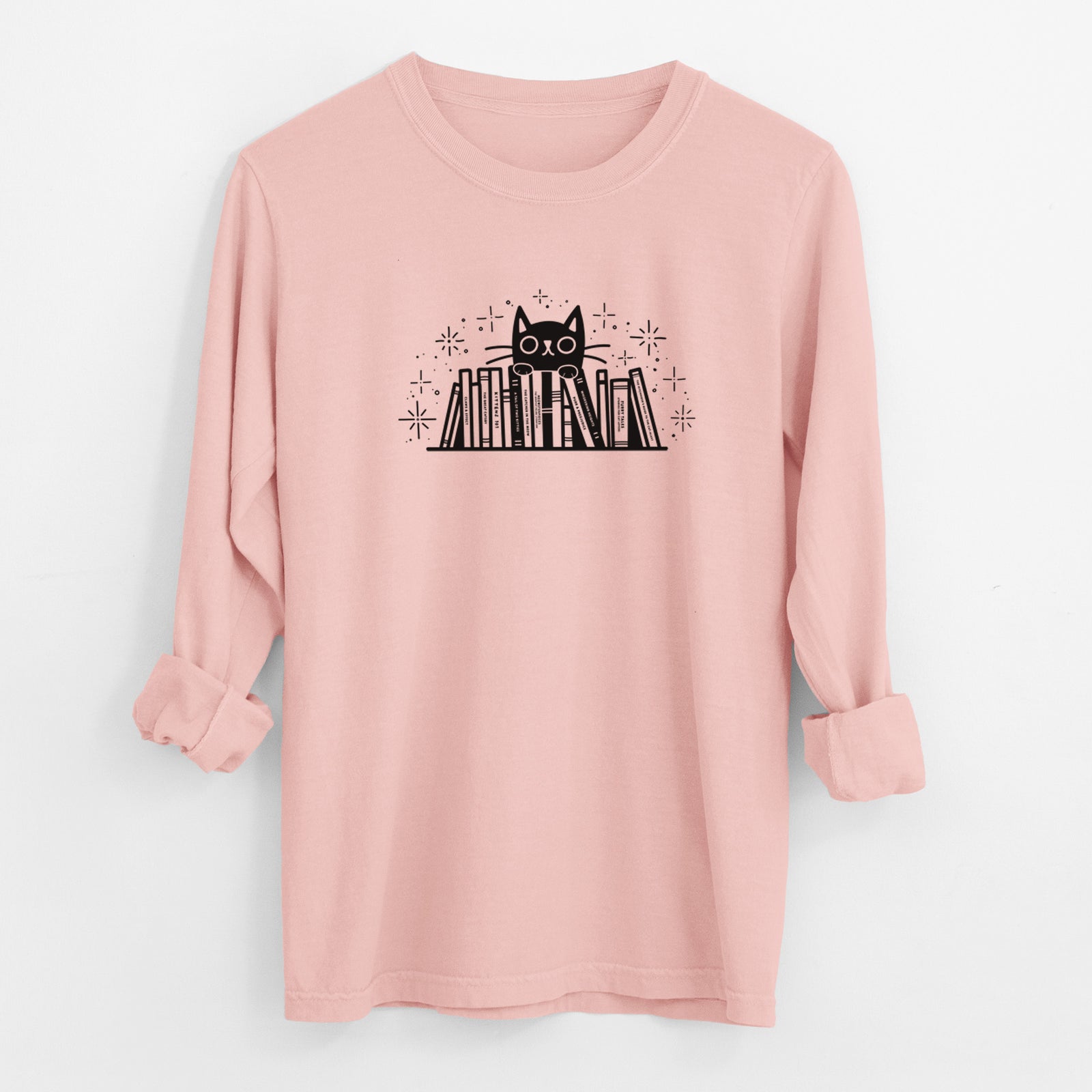 Kitty Library - Black Cat Behind Books - Men's Heavyweight 100% Cotton Long Sleeve