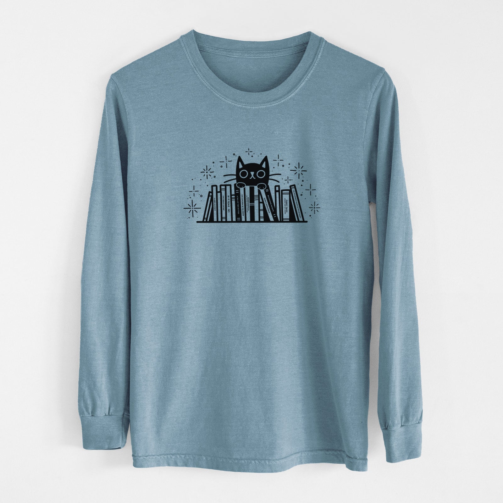 Kitty Library - Black Cat Behind Books - Men's Heavyweight 100% Cotton Long Sleeve
