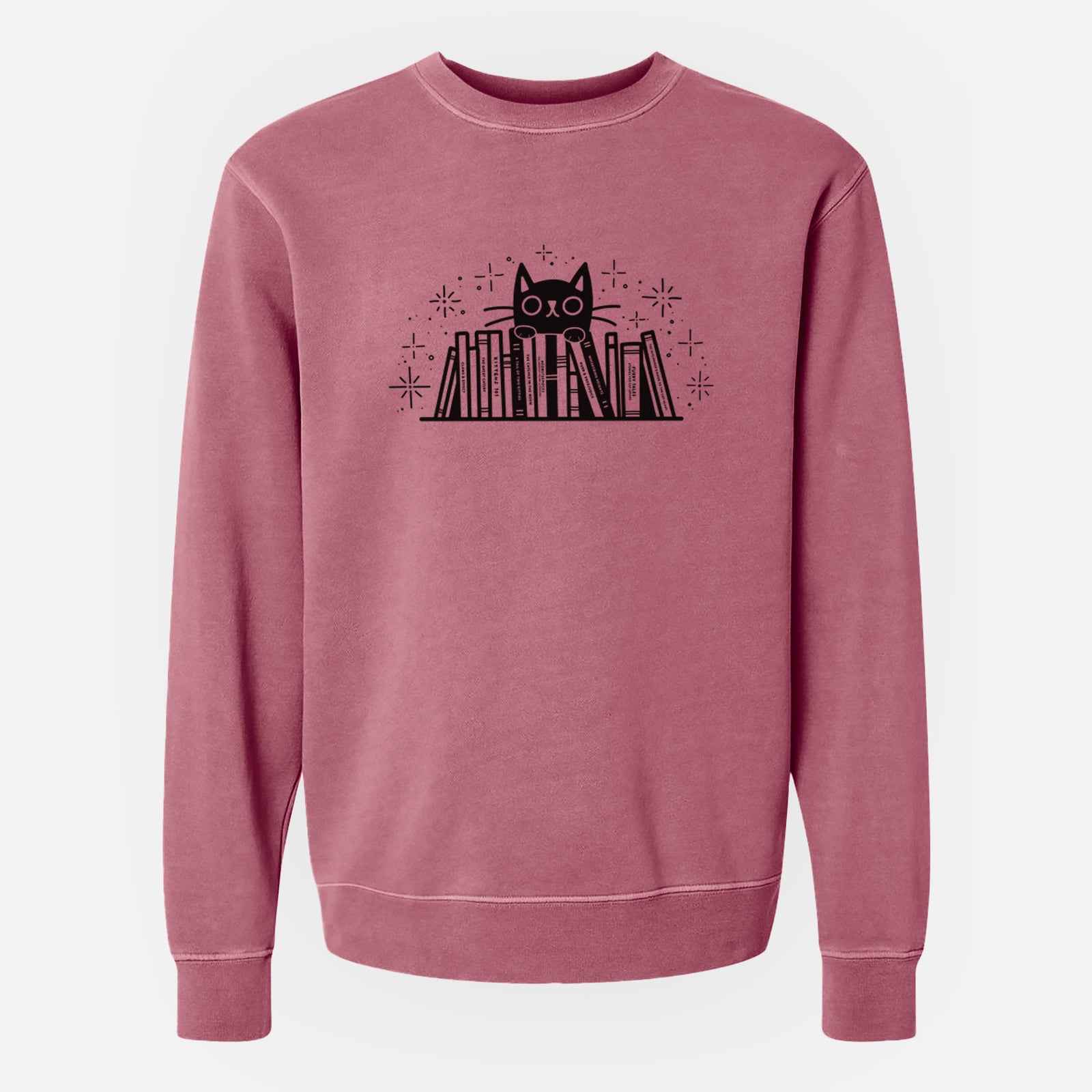 'Kitty Library - Black Cat Behind Books' design on a Maroon Unisex pigment dyed crew sweatshirt