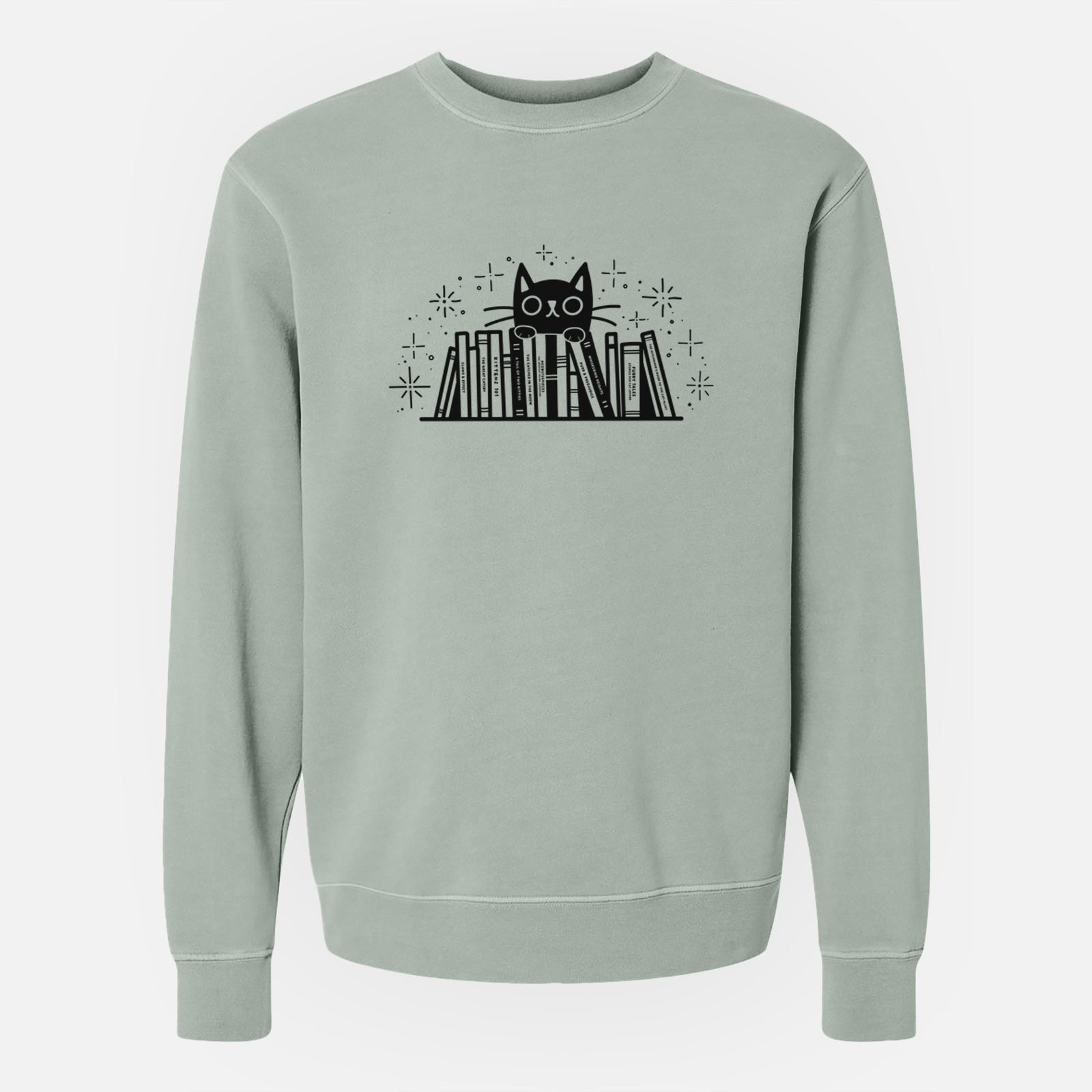 'Kitty Library - Black Cat Behind Books' design on a Sage Unisex pigment dyed crew sweatshirt