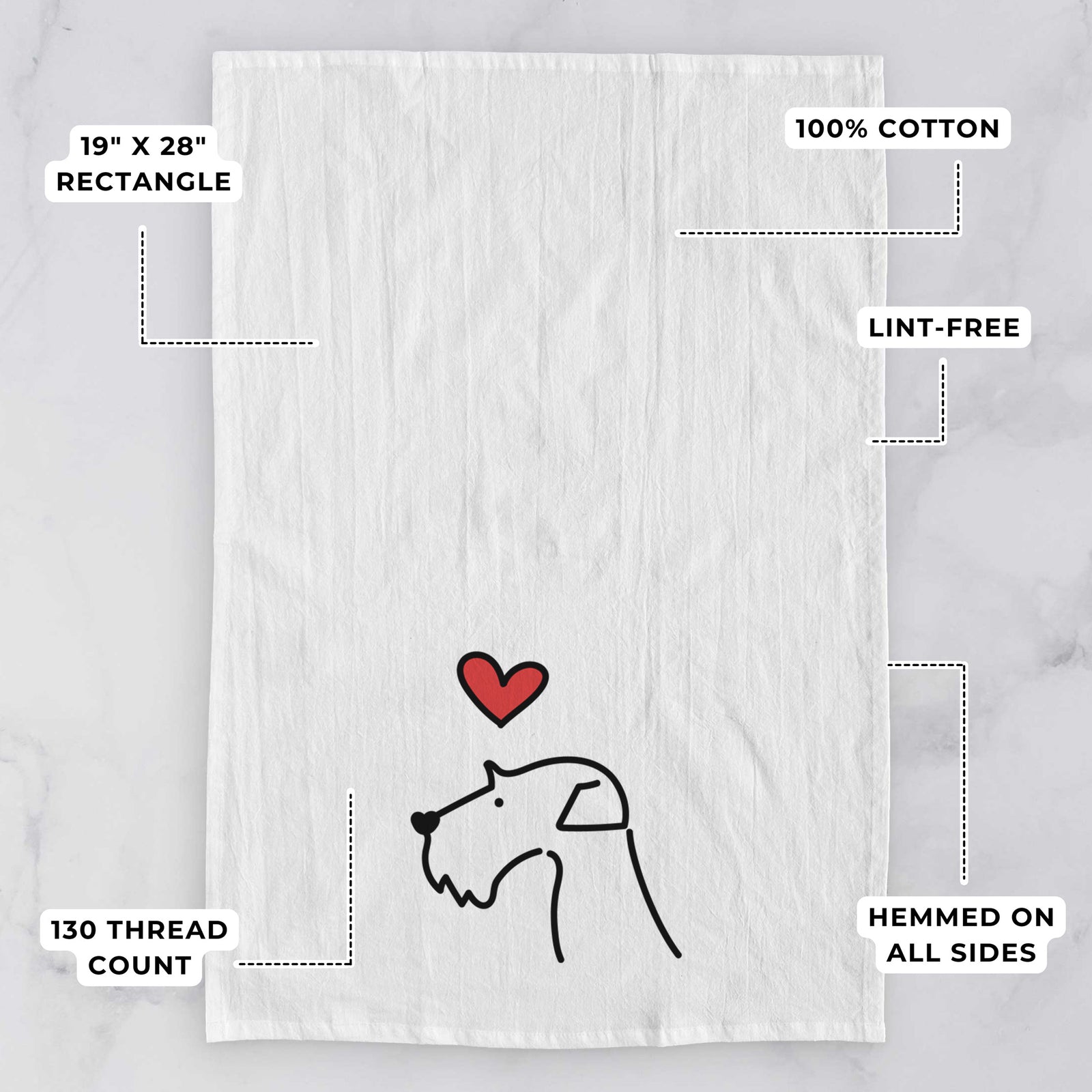 Minimalist line drawing of an Airedale Terrier with a red heart on a tea towel, with feature callouts: 19 x 28 inch rectangle, 100% cotton, lint-free, 120 thread count, hemmed on all sides