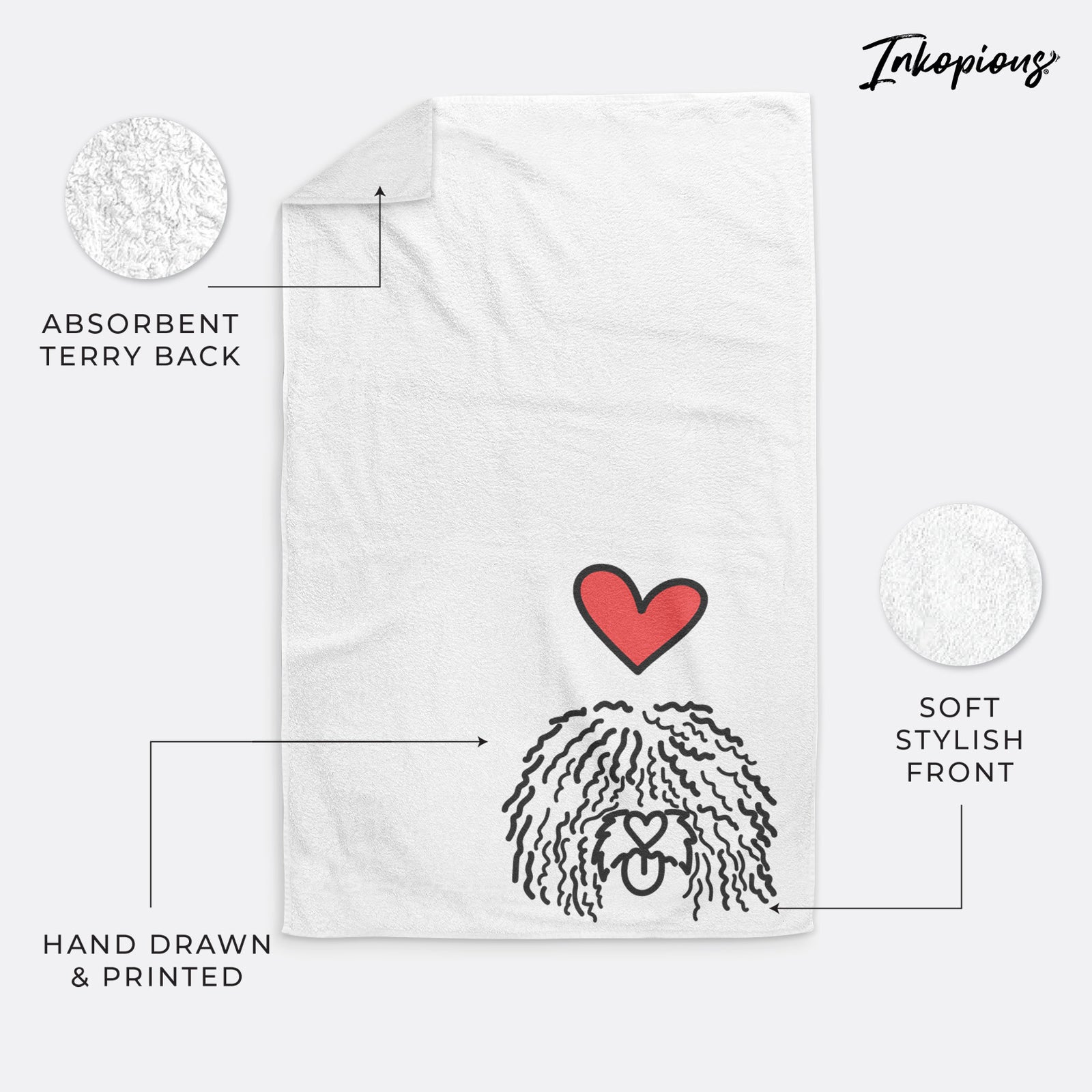Minimalist line drawing of Alba the Spanish Water Dog with a red heart on a decorative hand towel