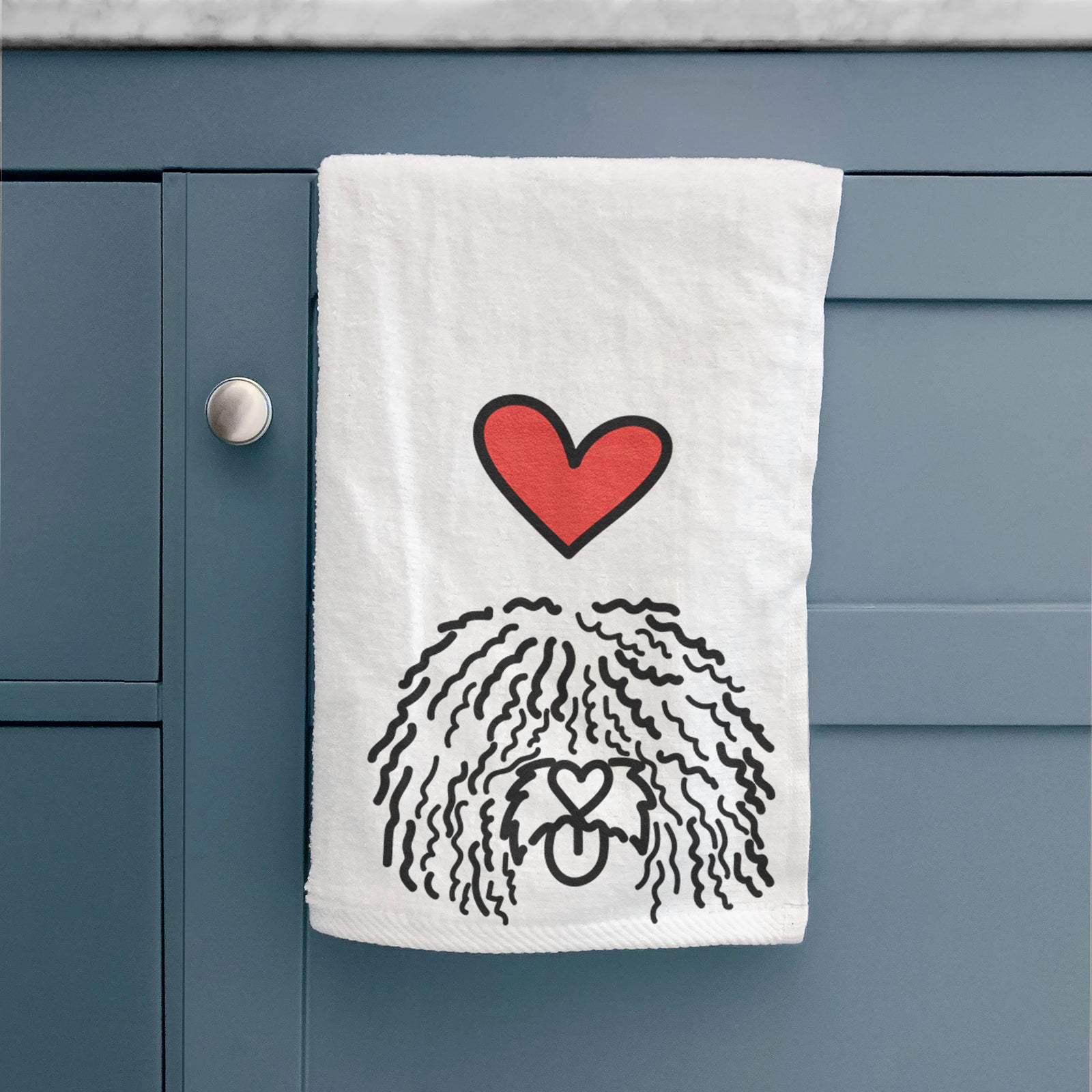 Minimalist line drawing of Alba the Spanish Water Dog with a red heart on a decorative hand towel