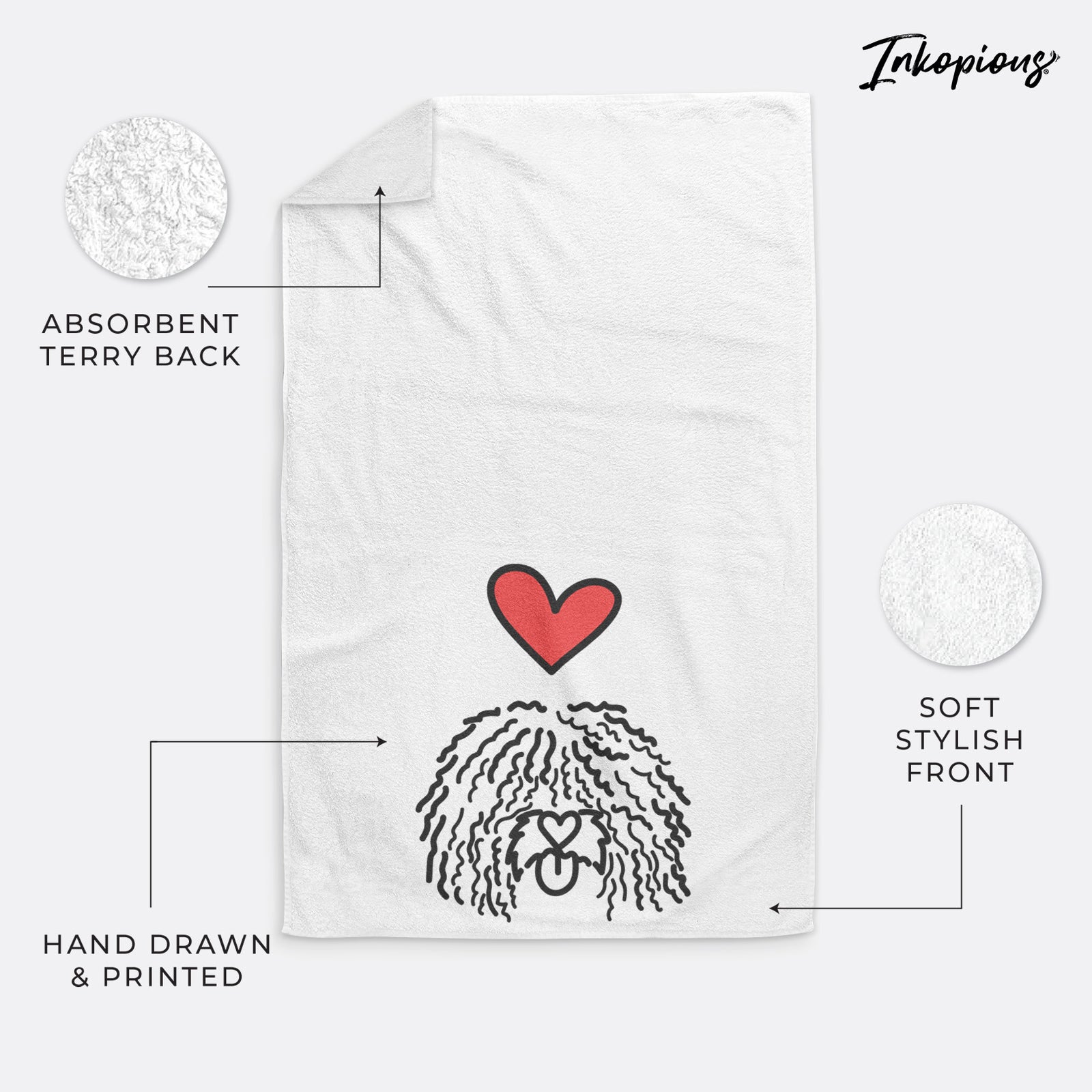 Minimalist line drawing of Alba the Spanish Water Dog with a red heart on a decorative hand towel