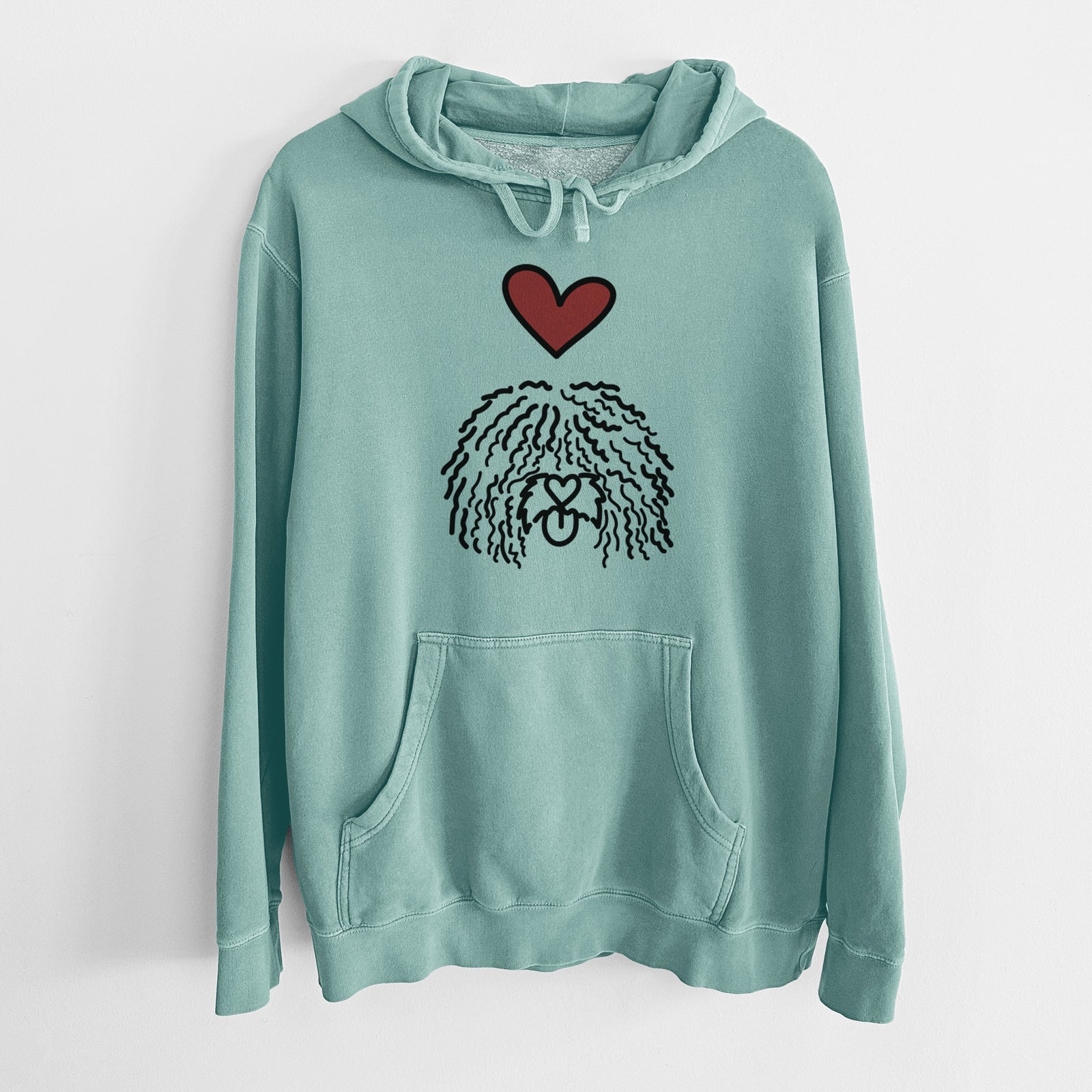 Minimalist line drawing of Alba the Spanish Water Dog with a red heart on a Mint Unisex pigment dyed hoodie