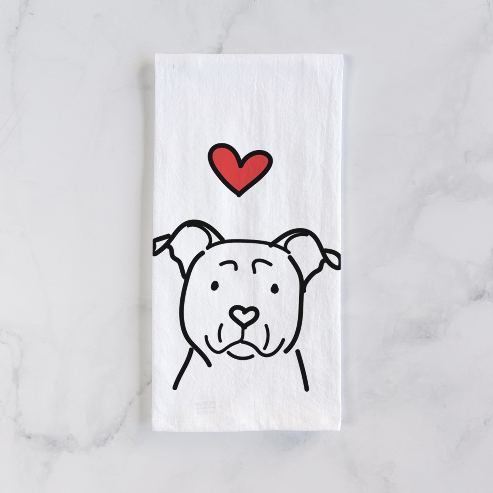 Minimalist line drawing of an American Staffordshire Terrier with a red heart on a tea towel