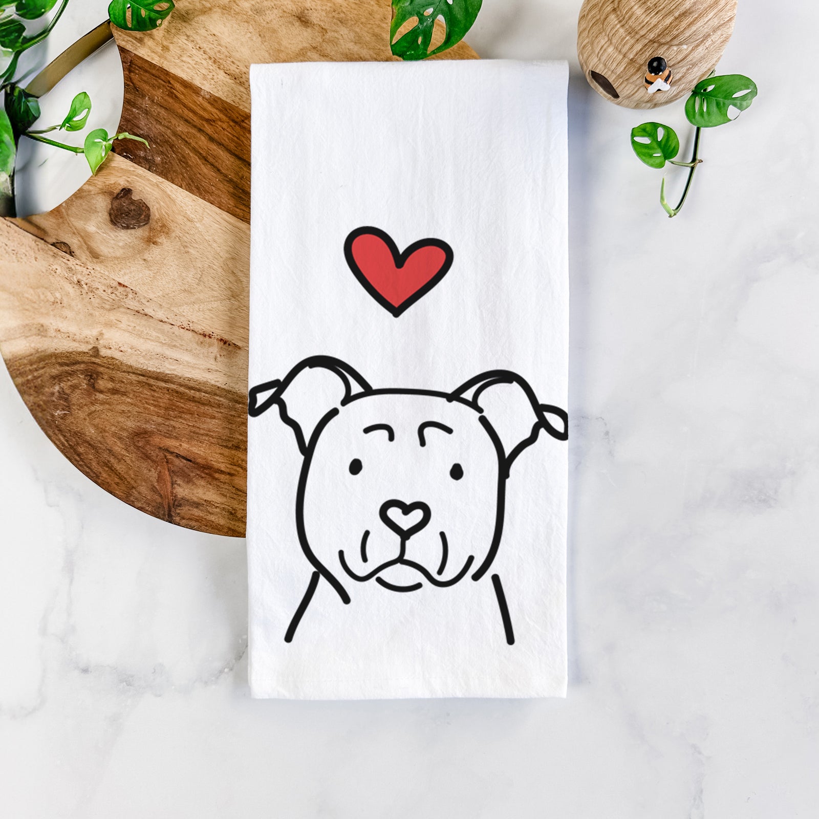 Minimalist line drawing of an American Staffordshire Terrier with a red heart on a tea towel
