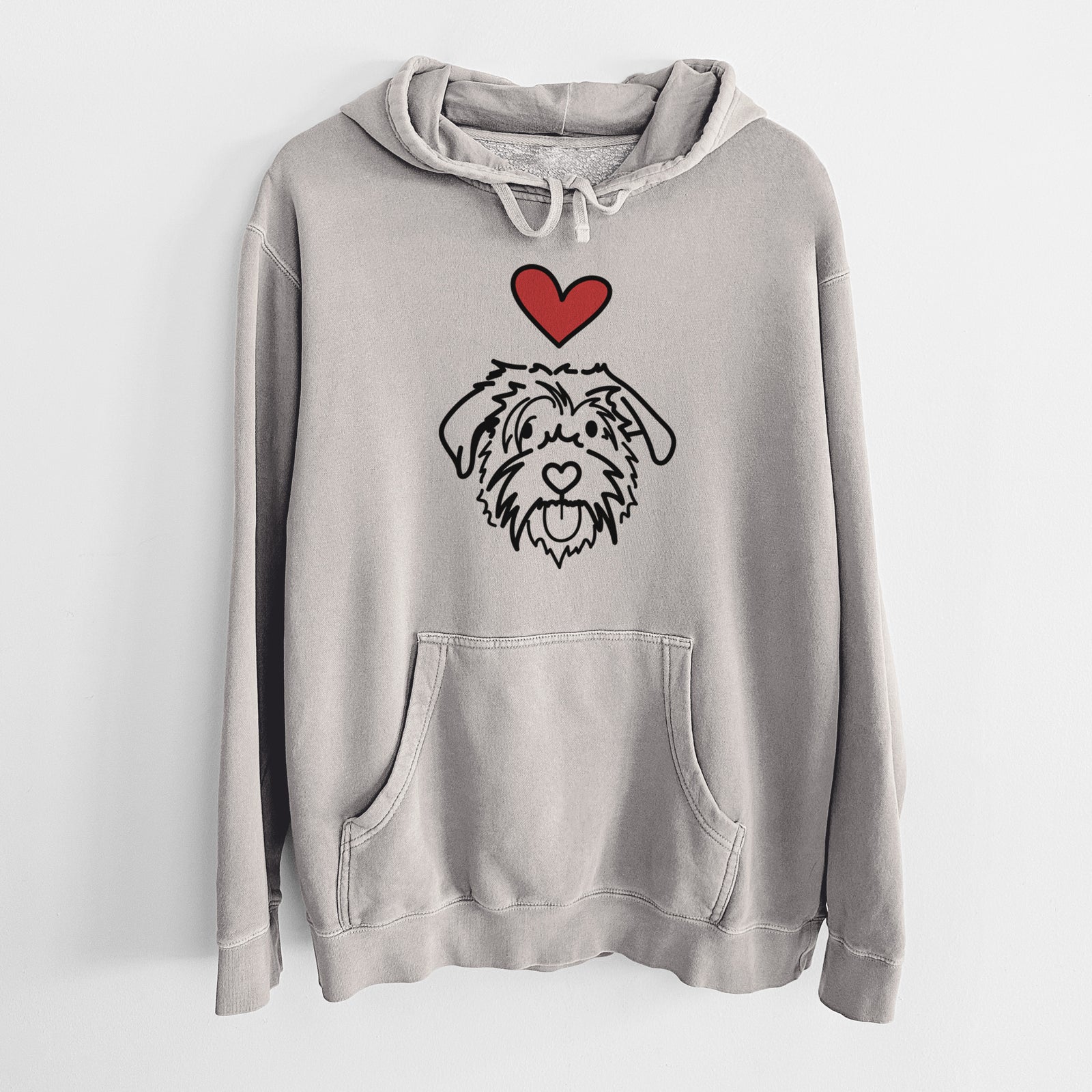 Minimalist line drawing of Amal the Scottish Terrier Border Collie Mix with a red heart on a Cement Unisex pigment dyed hoodie