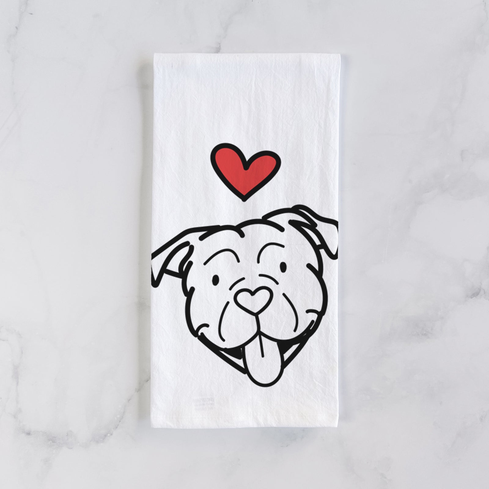 Minimalist line drawing of an American Bulldog with a red heart on a tea towel