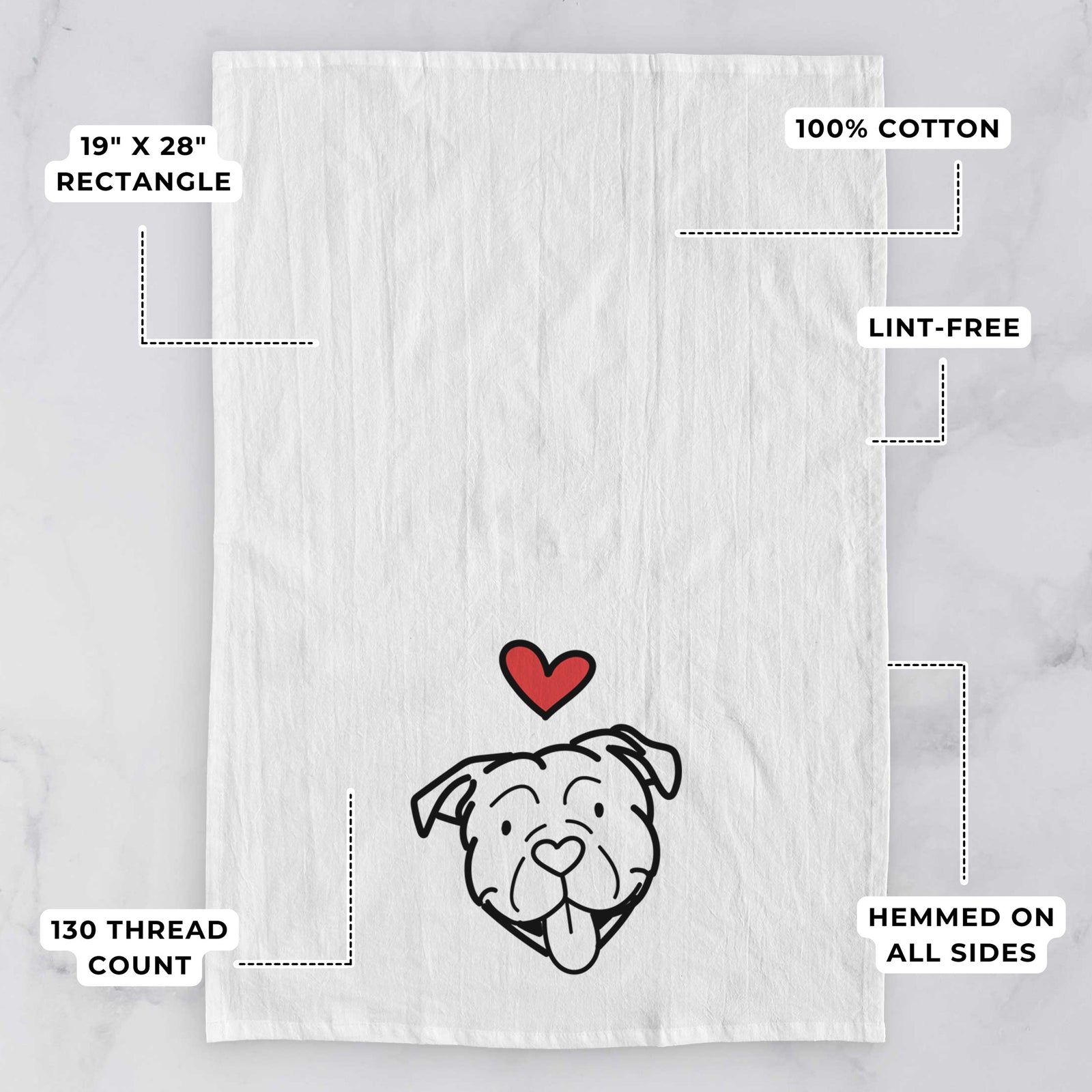 Minimalist line drawing of an American Bulldog with a red heart on a tea towel, with feature callouts: 19 x 28 inch rectangle, 100% cotton, lint-free, 120 thread count, hemmed on all sides