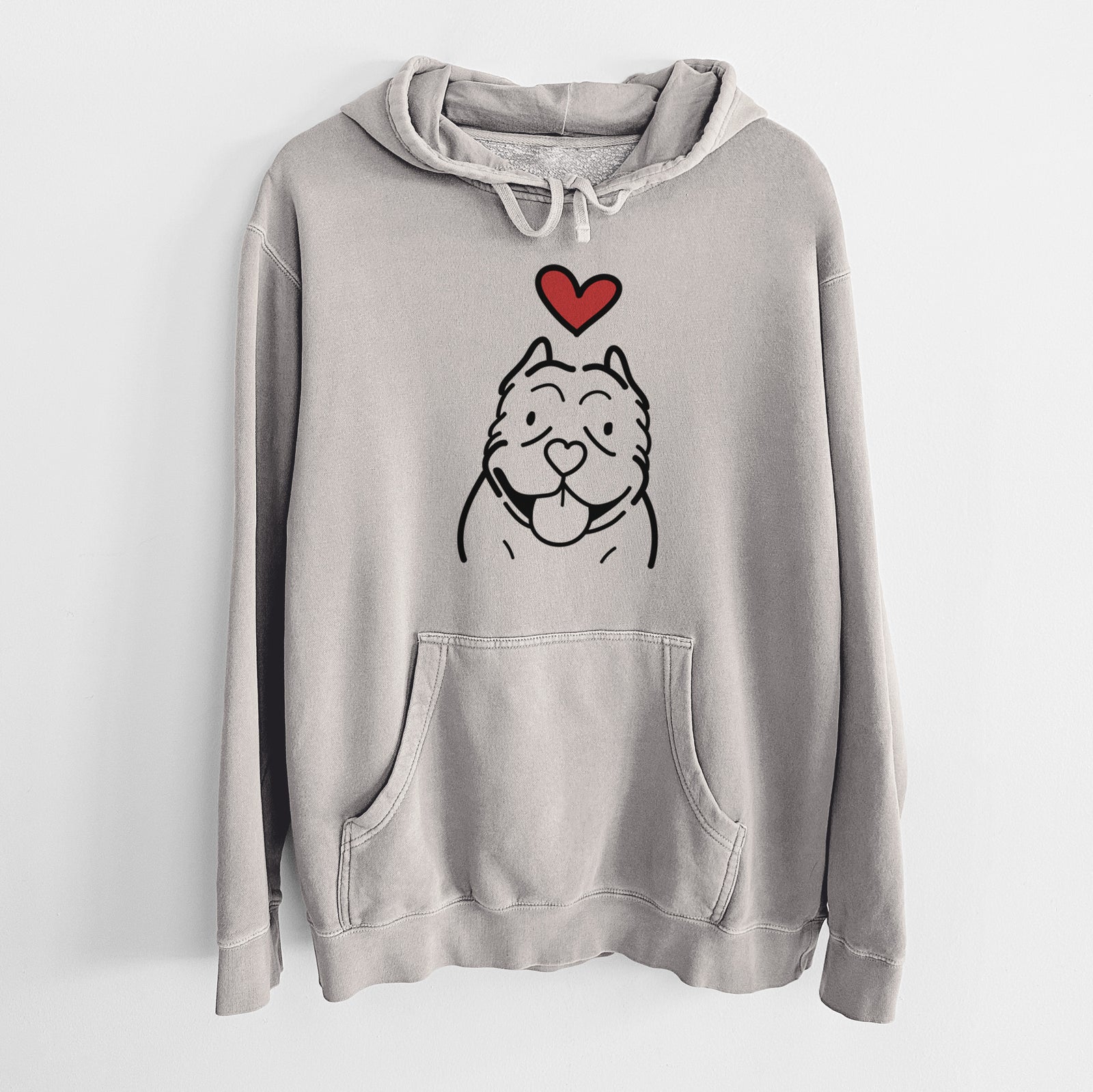 Minimalist line drawing of an American Bully with a red heart on a Cement Unisex pigment dyed hoodie