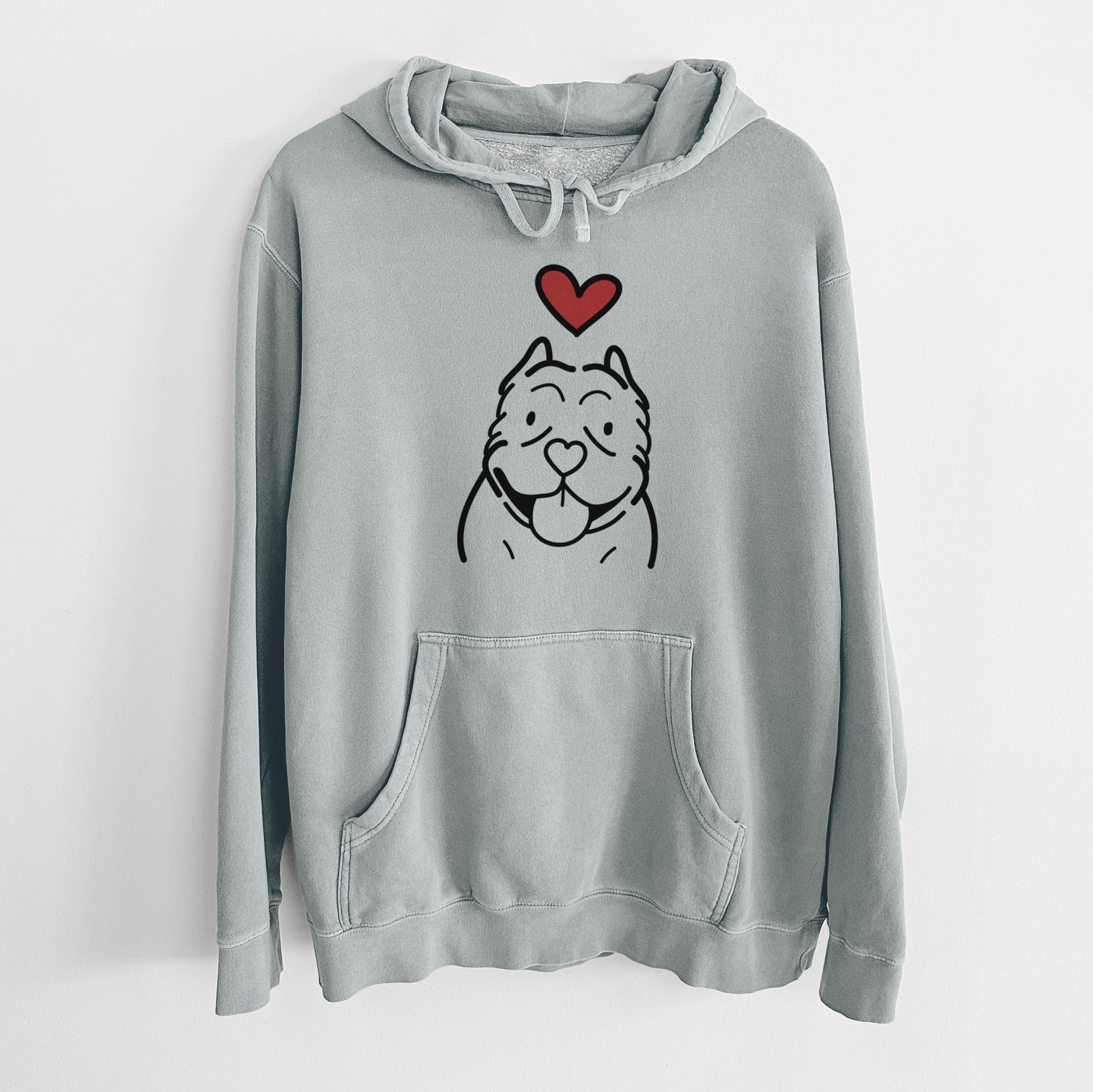 Minimalist line drawing of an American Bully with a red heart on a Sage Unisex pigment dyed hoodie