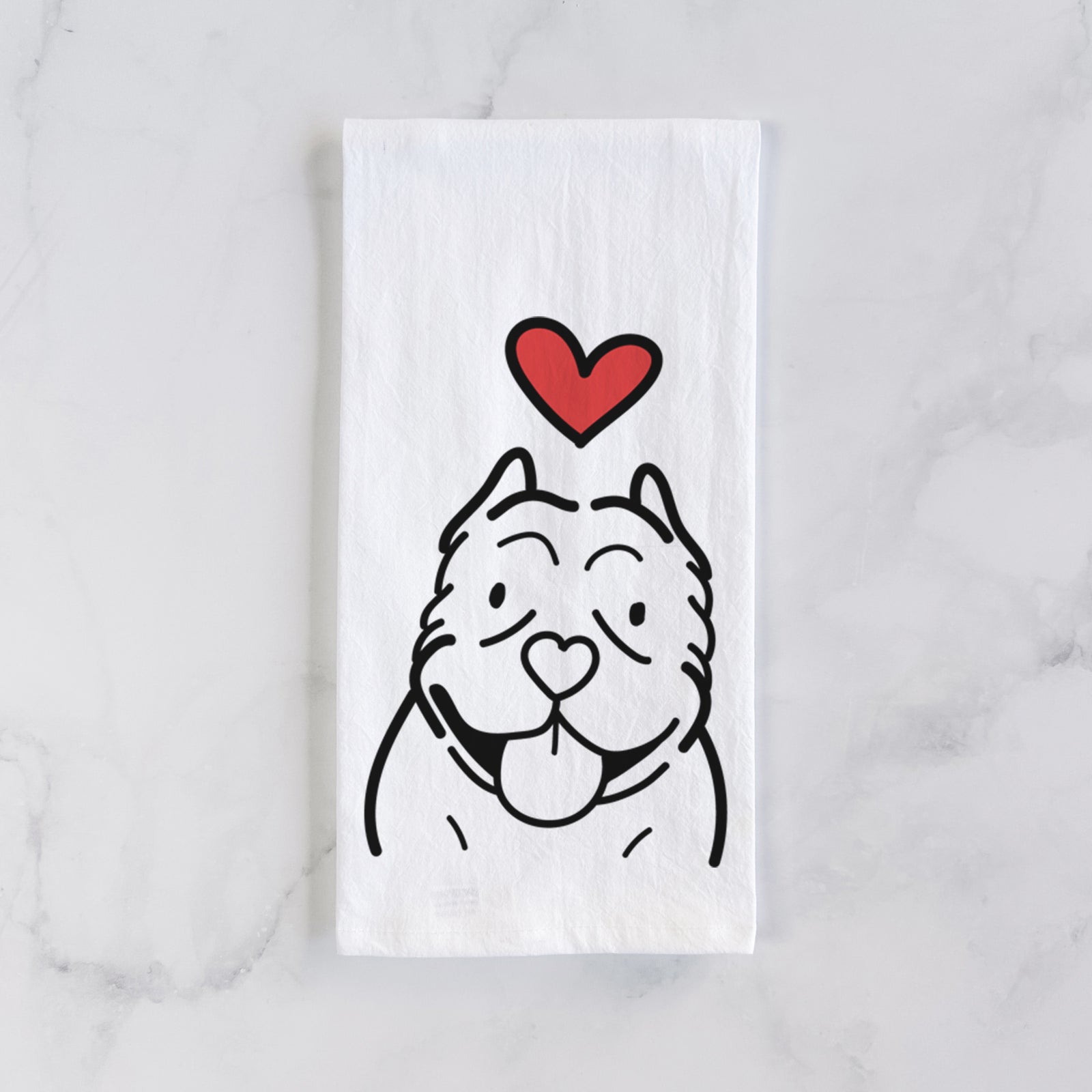 Minimalist line drawing of an American Bully with a red heart on a tea towel