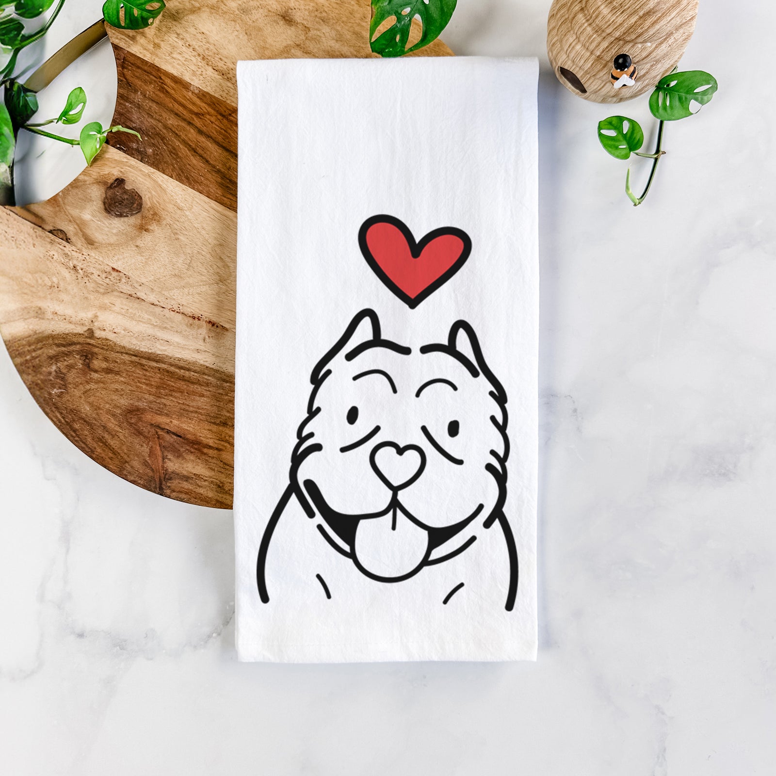 Minimalist line drawing of an American Bully with a red heart on a tea towel