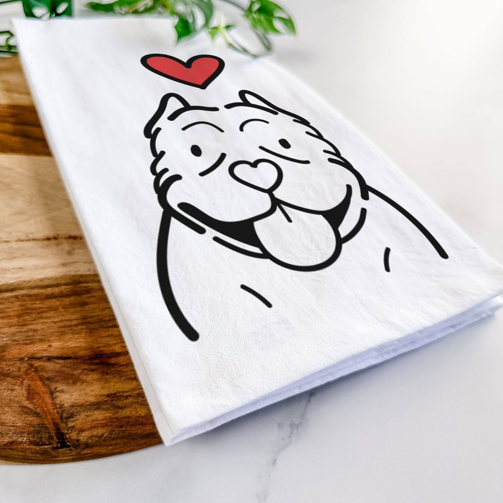 Minimalist line drawing of an American Bully with a red heart on a tea towel