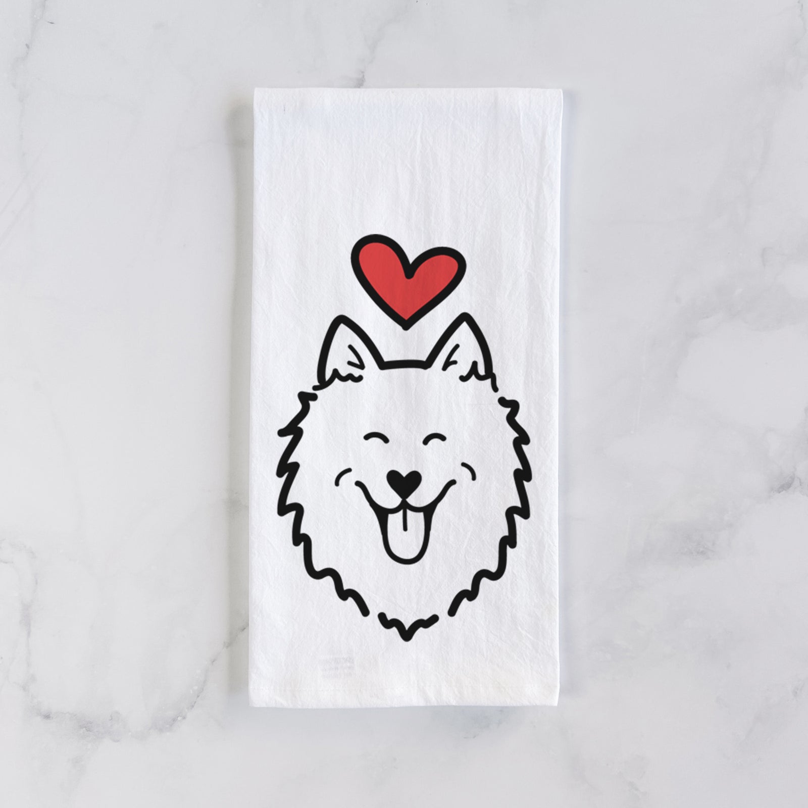 Minimalist line drawing of an American Eskimo with a red heart on a tea towel