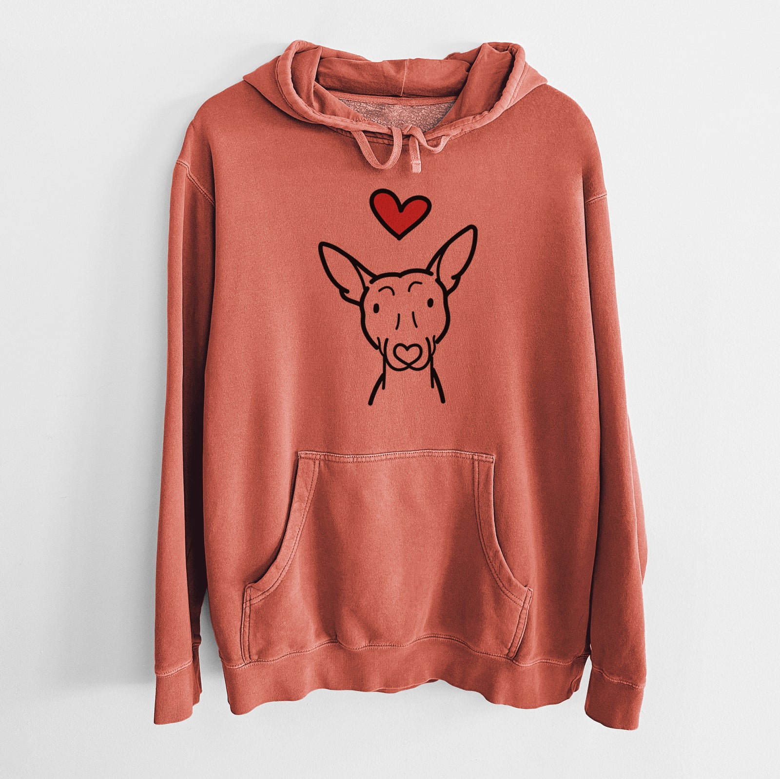 Minimalist line drawing of an American Hairless Terrier with a red heart on an Amber Unisex pigment dyed hoodie