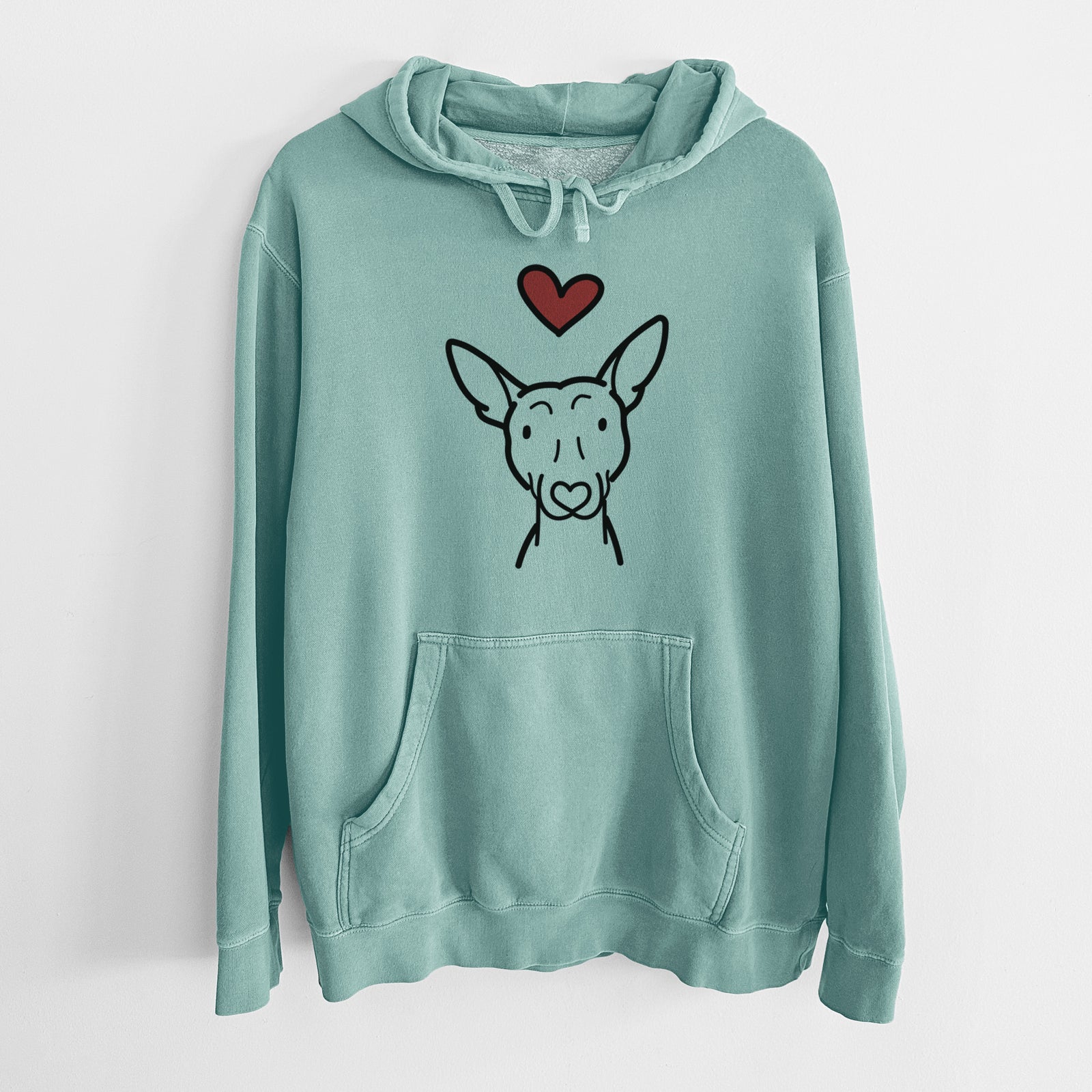 Minimalist line drawing of an American Hairless Terrier with a red heart on a Mint Unisex pigment dyed hoodie