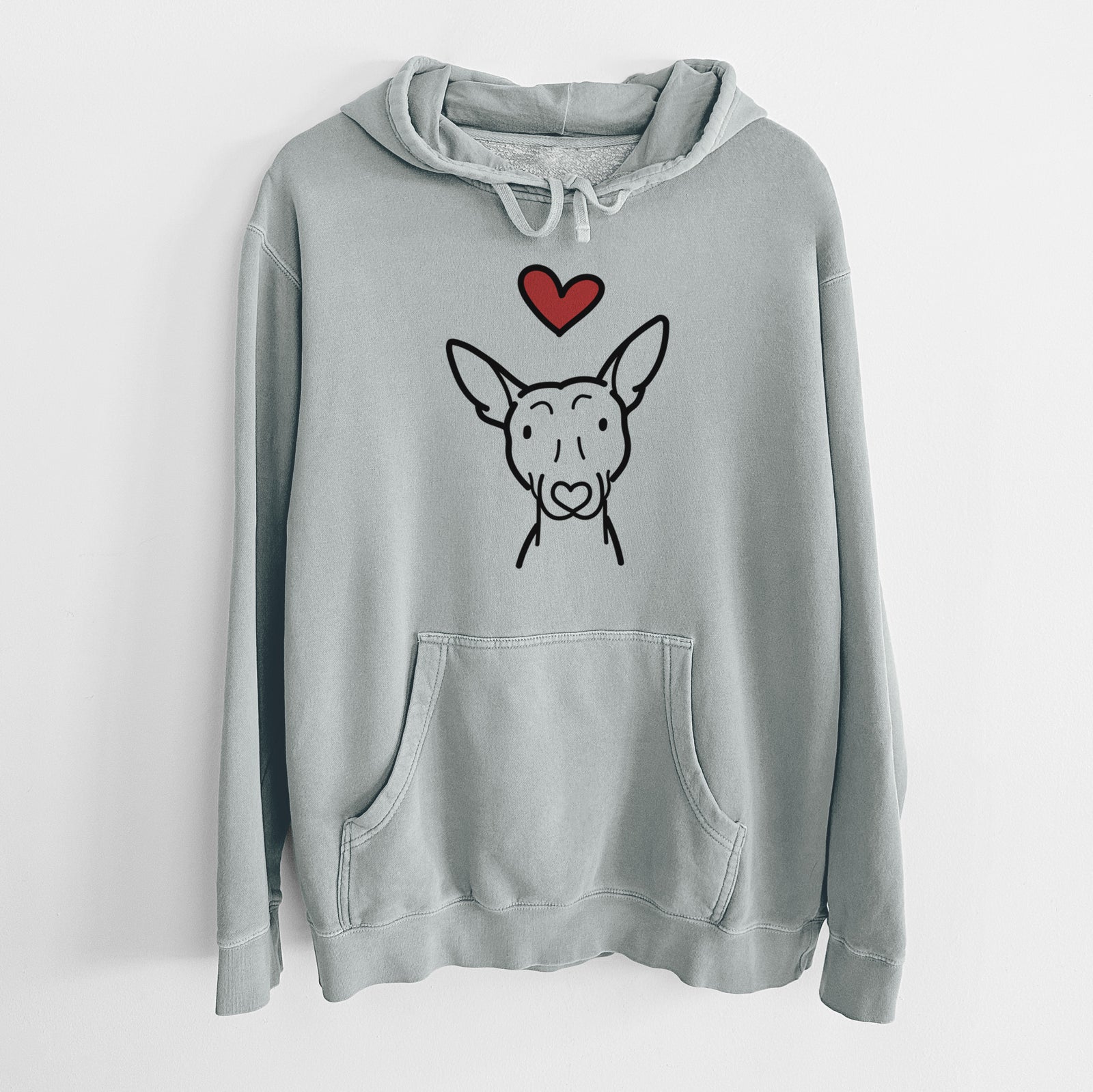Minimalist line drawing of an American Hairless Terrier with a red heart on a Sage Unisex pigment dyed hoodie
