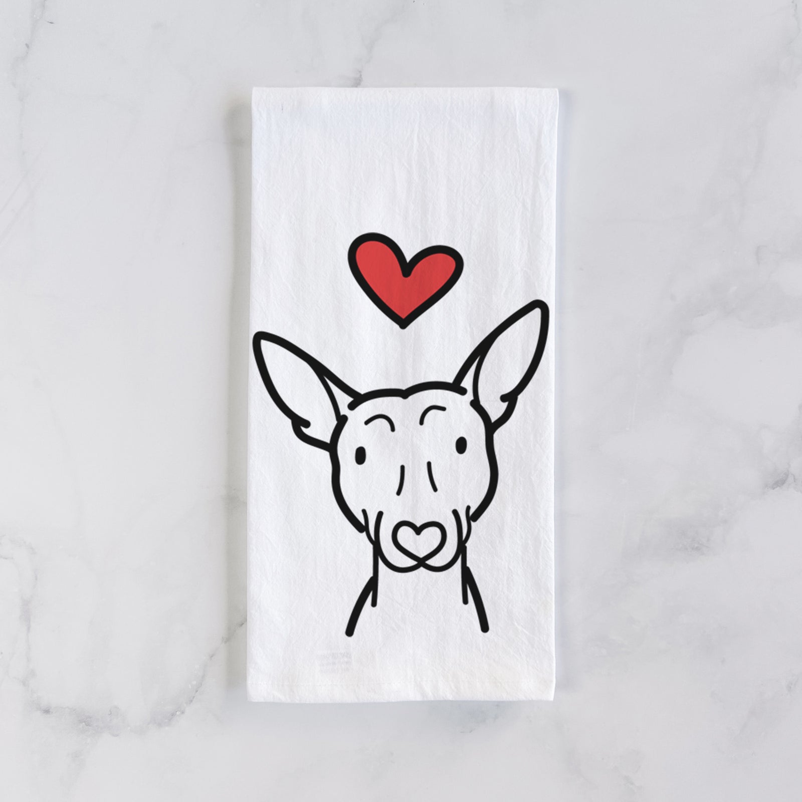Minimalist line drawing of an American Hairless Terrier with a red heart on a tea towel