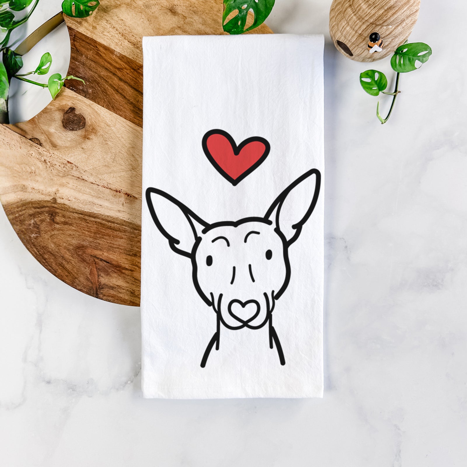 Minimalist line drawing of an American Hairless Terrier with a red heart on a tea towel