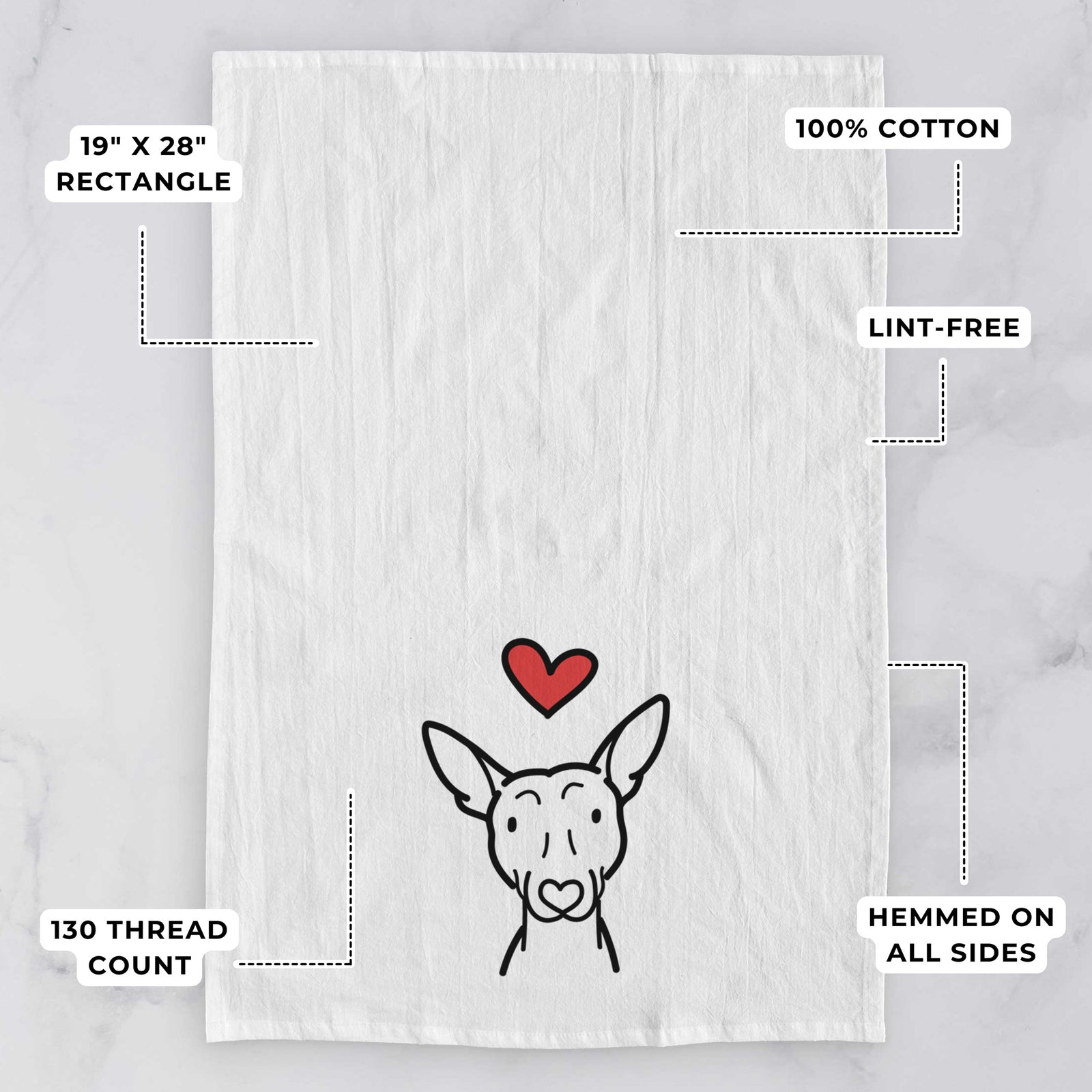 Minimalist line drawing of an American Hairless Terrier with a red heart on a tea towel, with feature callouts: 19 x 28 inch rectangle, 100% cotton, lint-free, 120 thread count, hemmed on all sides
