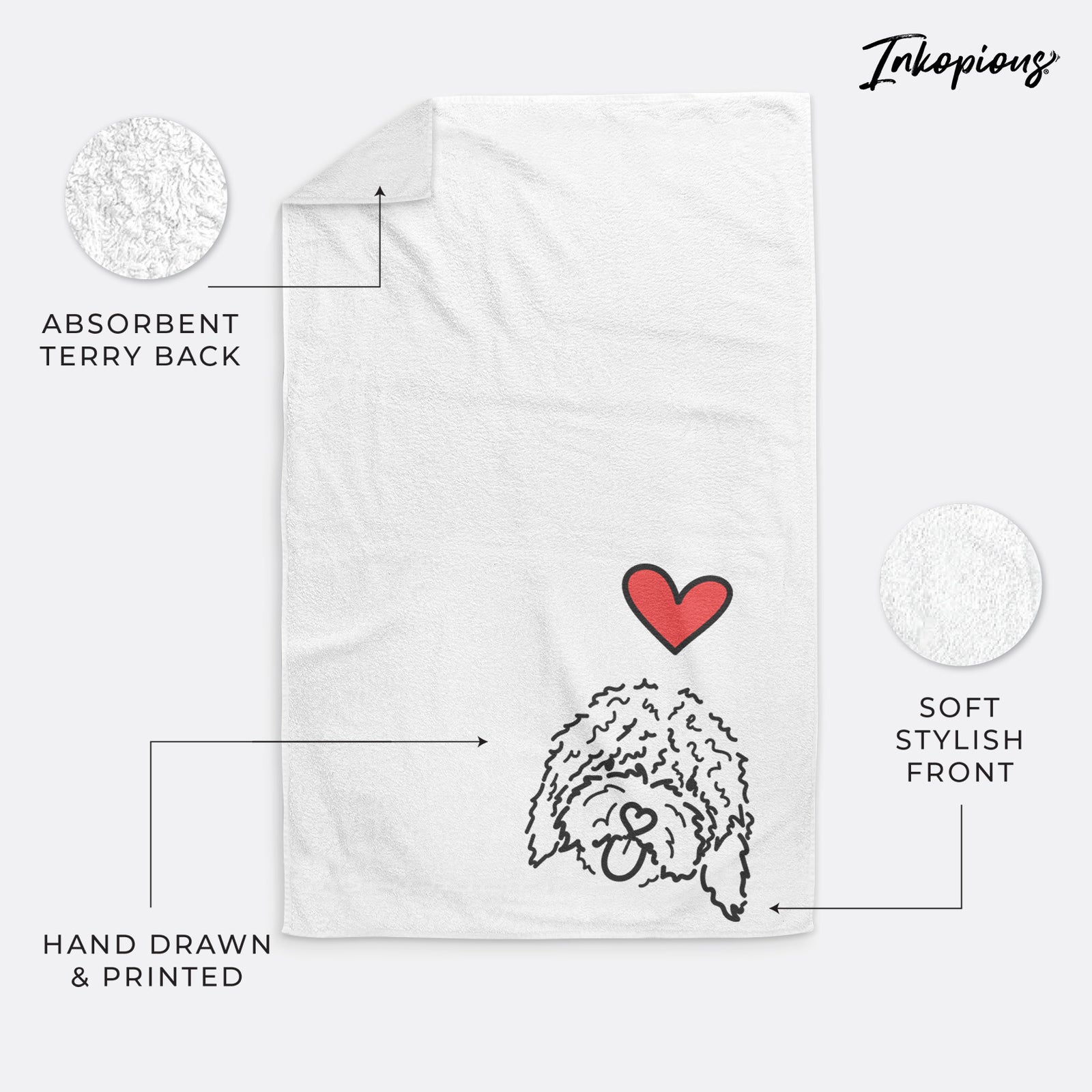 Minimalist line drawing of Antonio the Spanish Water Dog with a red heart on a decorative hand towel