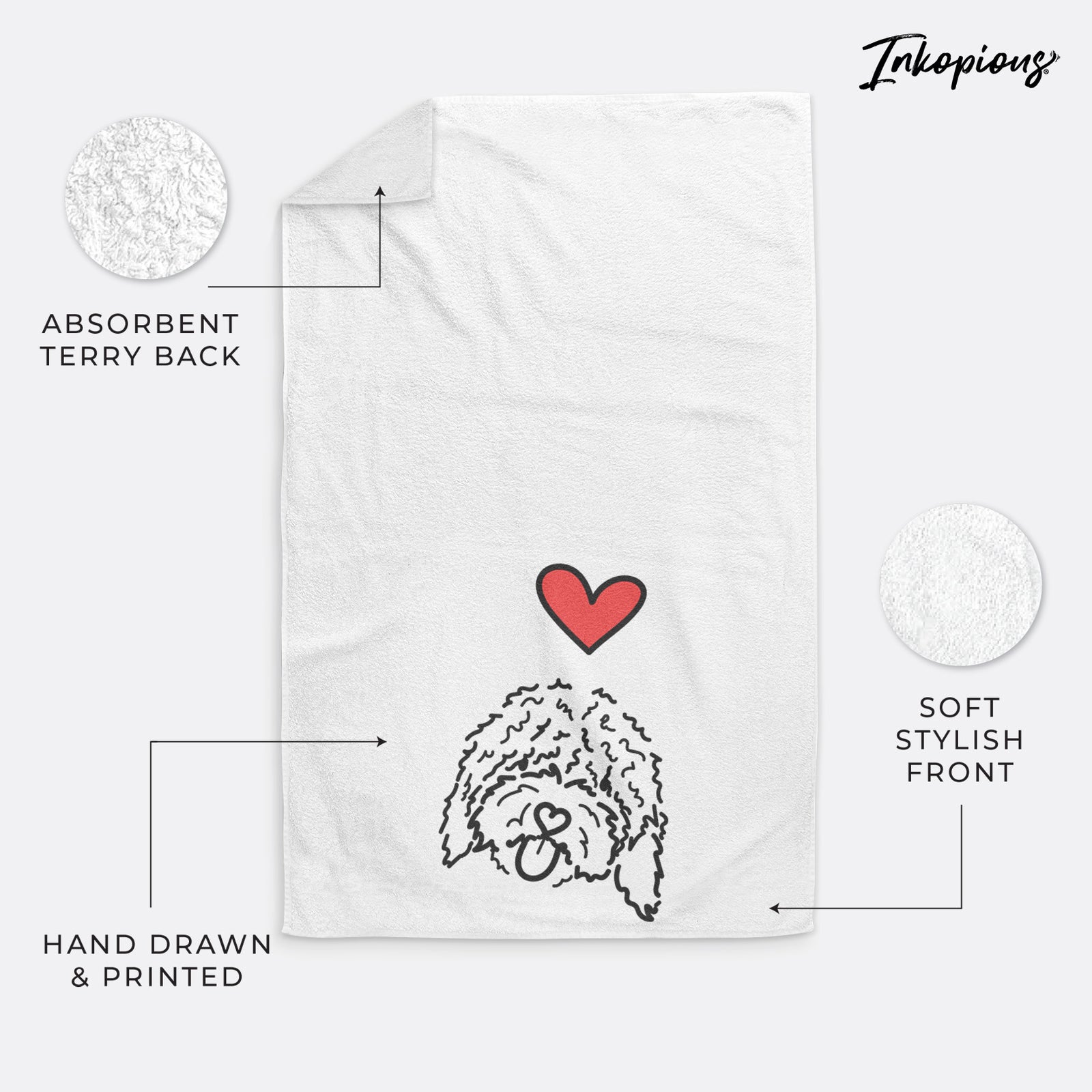 Minimalist line drawing of Antonio the Spanish Water Dog with a red heart on a decorative hand towel