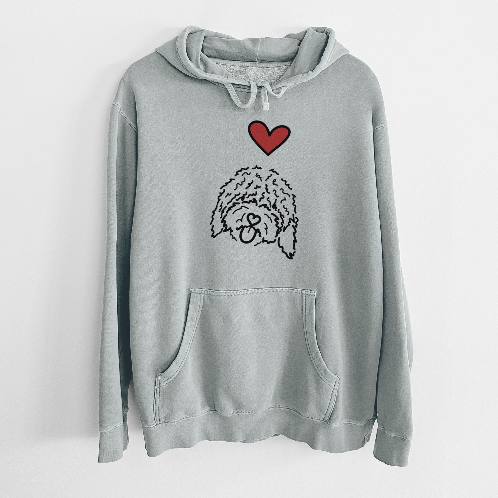 Minimalist line drawing of Antonio the Spanish Water Dog with a red heart on a Sage Unisex pigment dyed hoodie