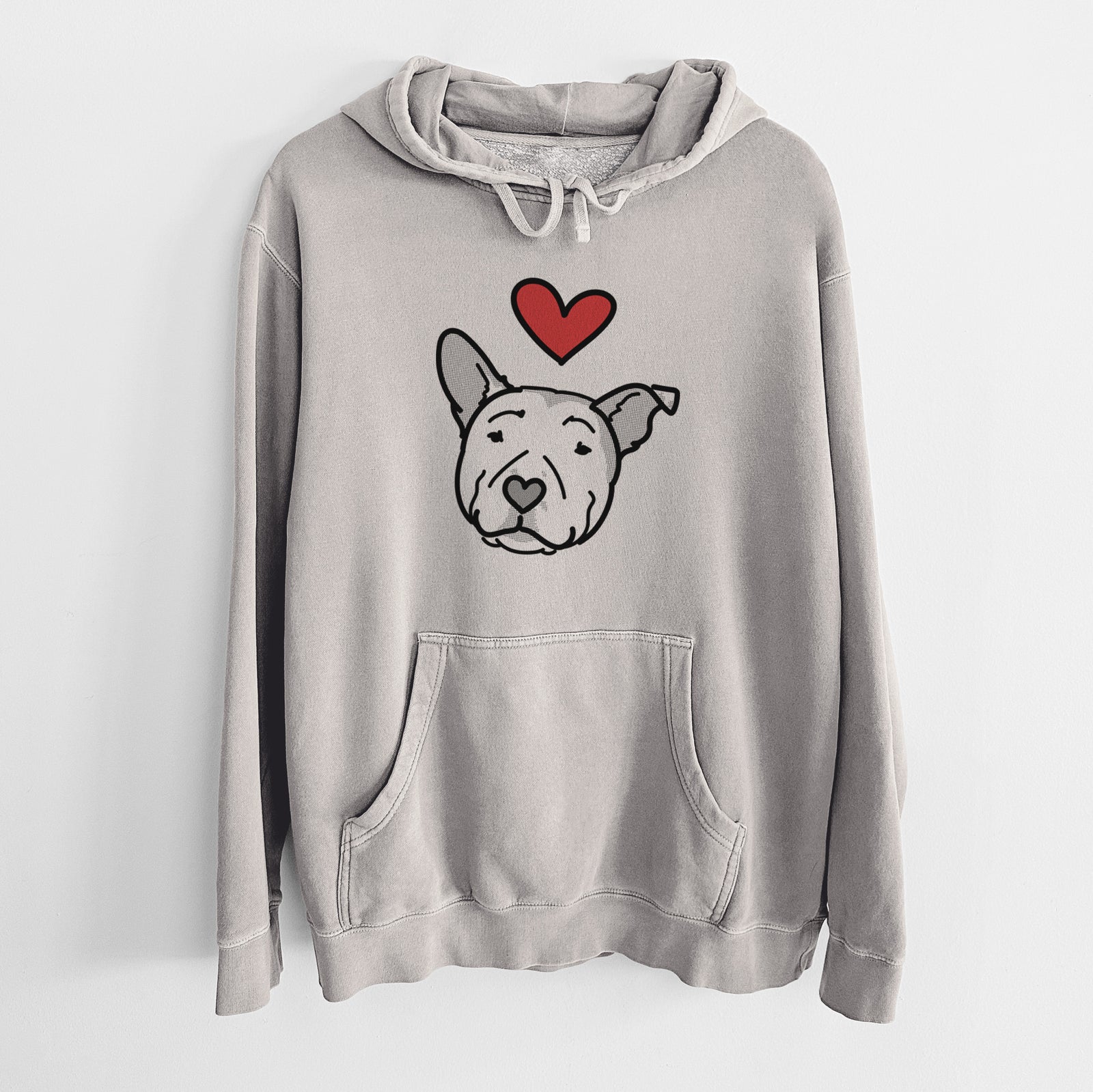 Minimalist line drawing of Archer the Pitbull with a red heart on a Cement Unisex pigment dyed hoodie