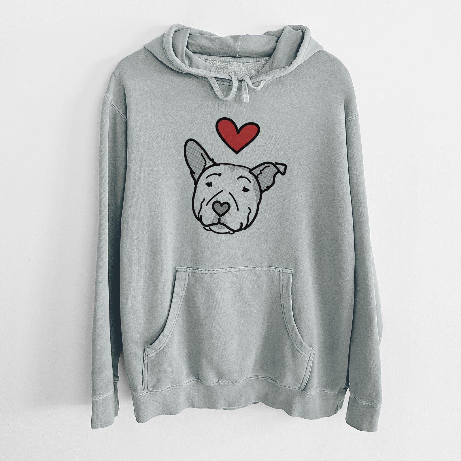Minimalist line drawing of Archer the Pitbull with a red heart on a Sage Unisex pigment dyed hoodie