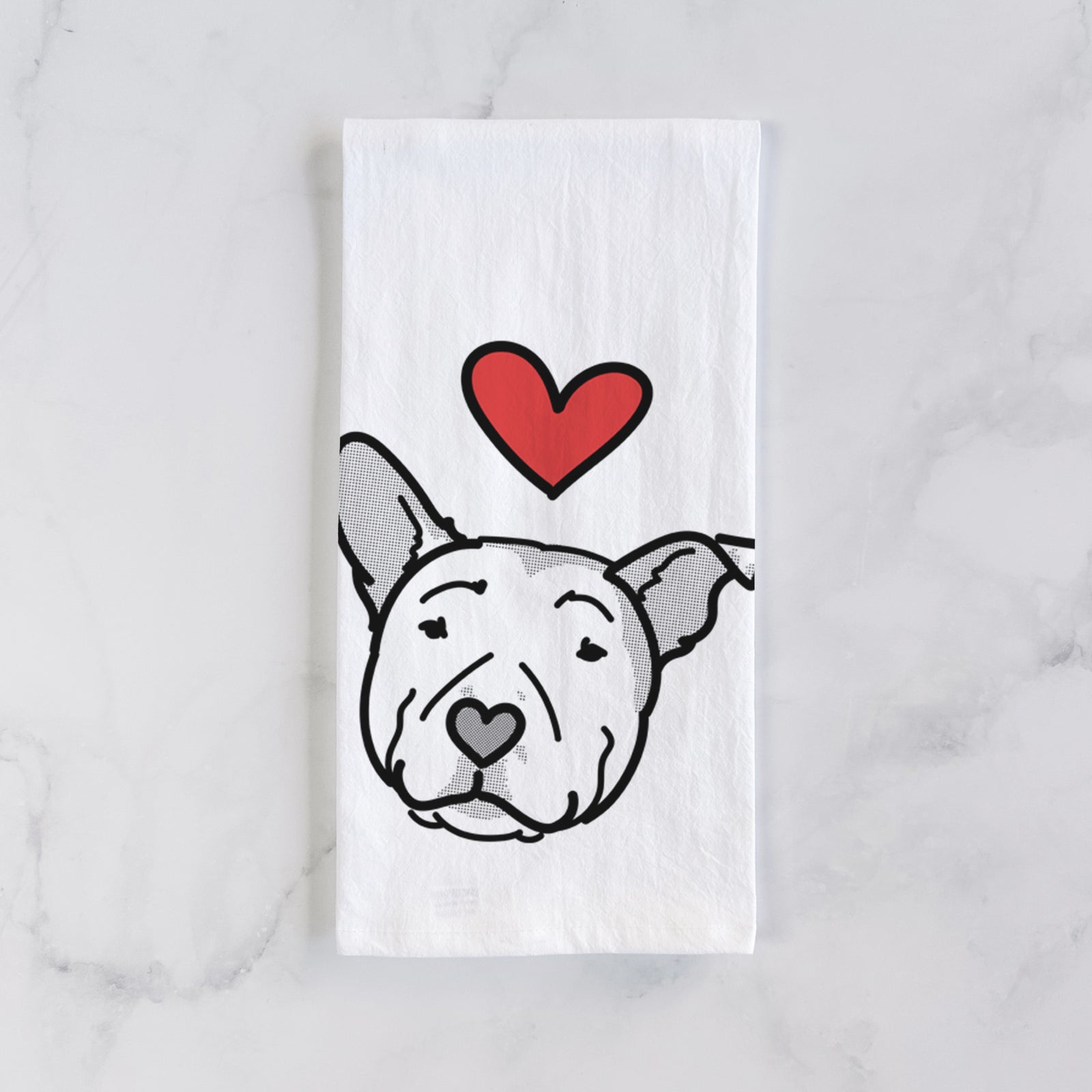 Minimalist line drawing of Archer the Pitbull with a red heart on a tea towel