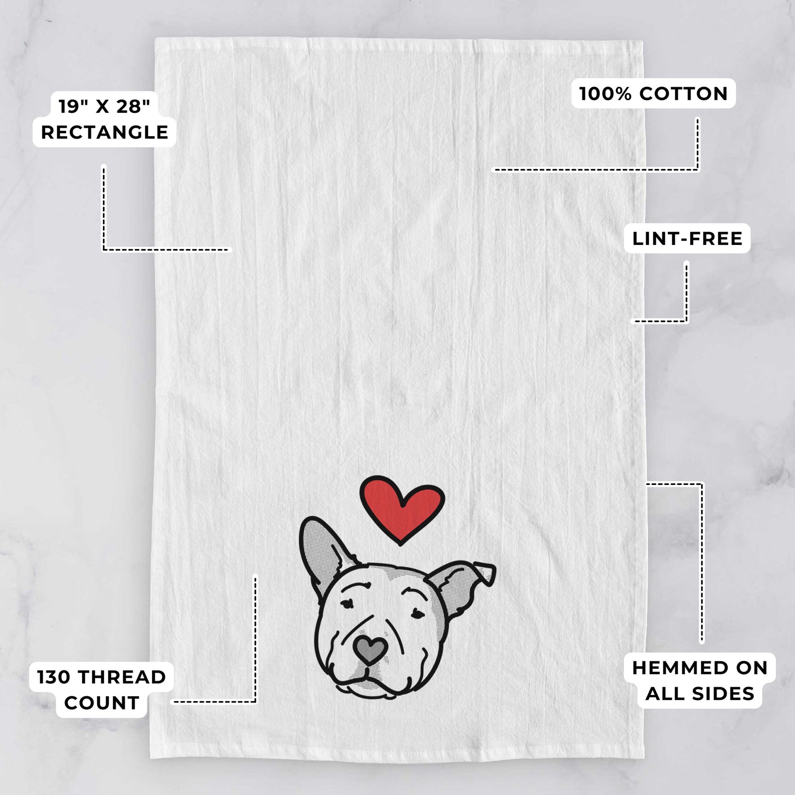 Minimalist line drawing of Archer the Pitbull with a red heart on a tea towel, with feature callouts: 19 x 28 inch rectangle, 100% cotton, lint-free, 120 thread count, hemmed on all sides