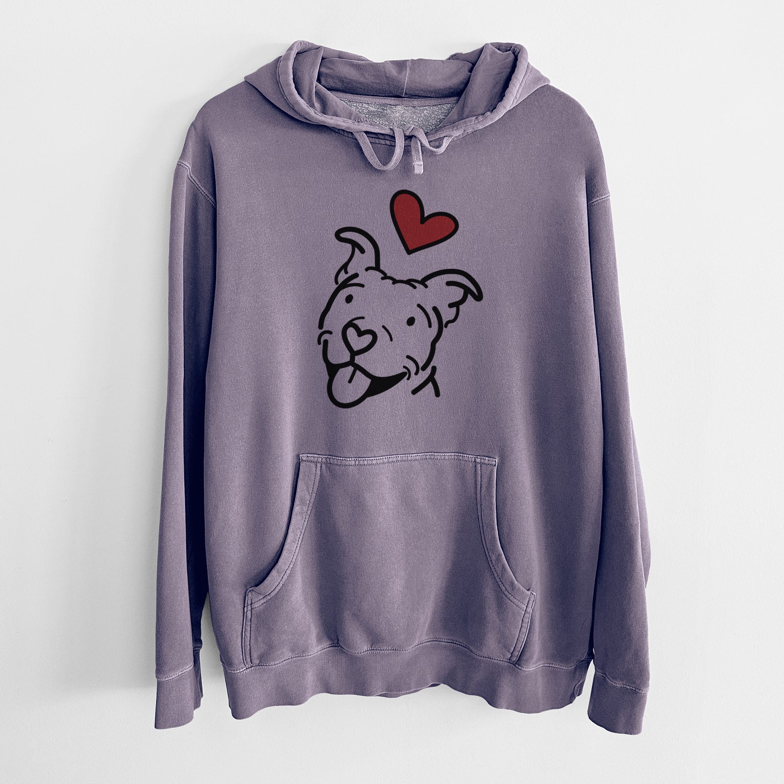 Minimalist line drawing of Arlo the Pitbull with a red heart on a Plum Unisex pigment dyed hoodie