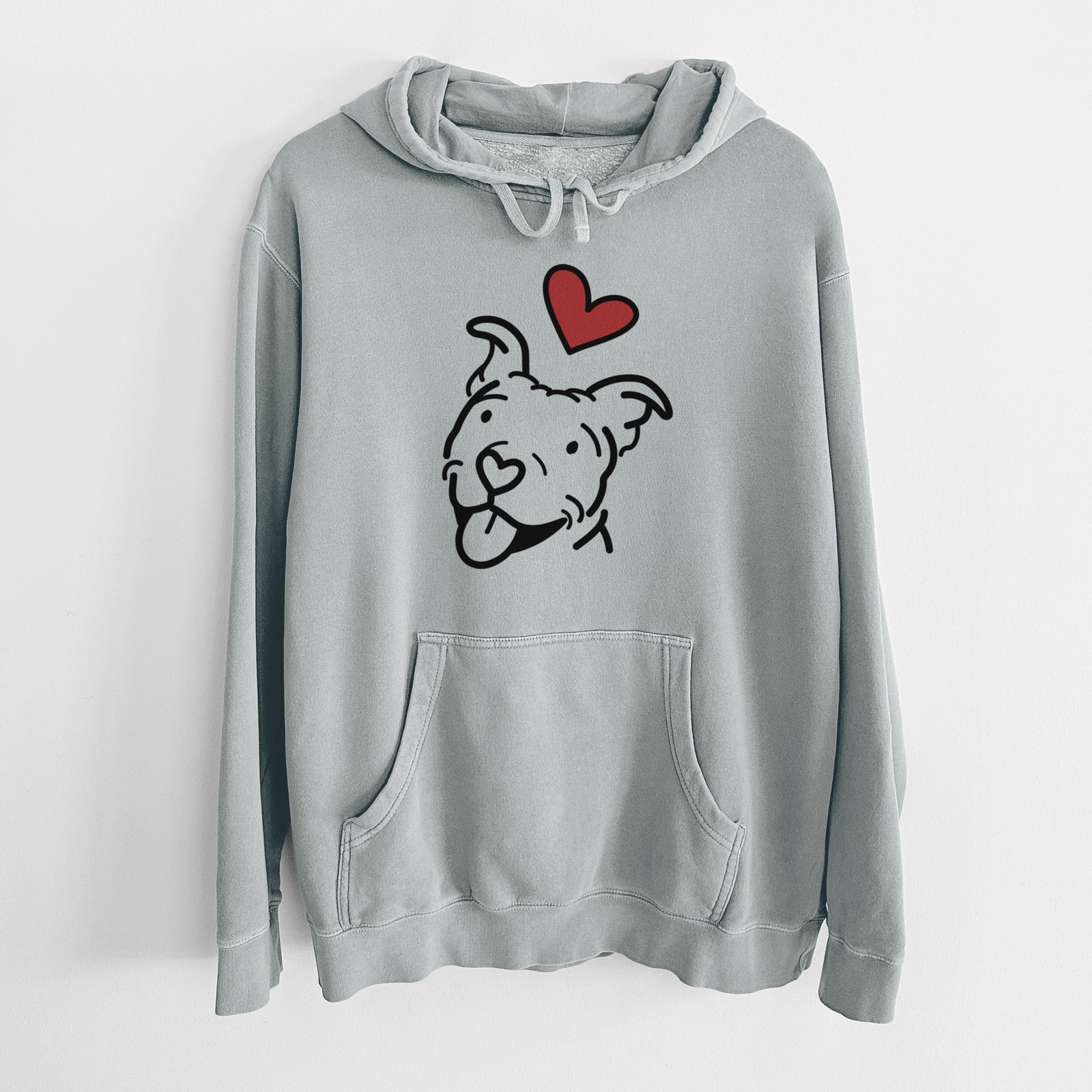 Minimalist line drawing of Arlo the Pitbull with a red heart on a Sage Unisex pigment dyed hoodie