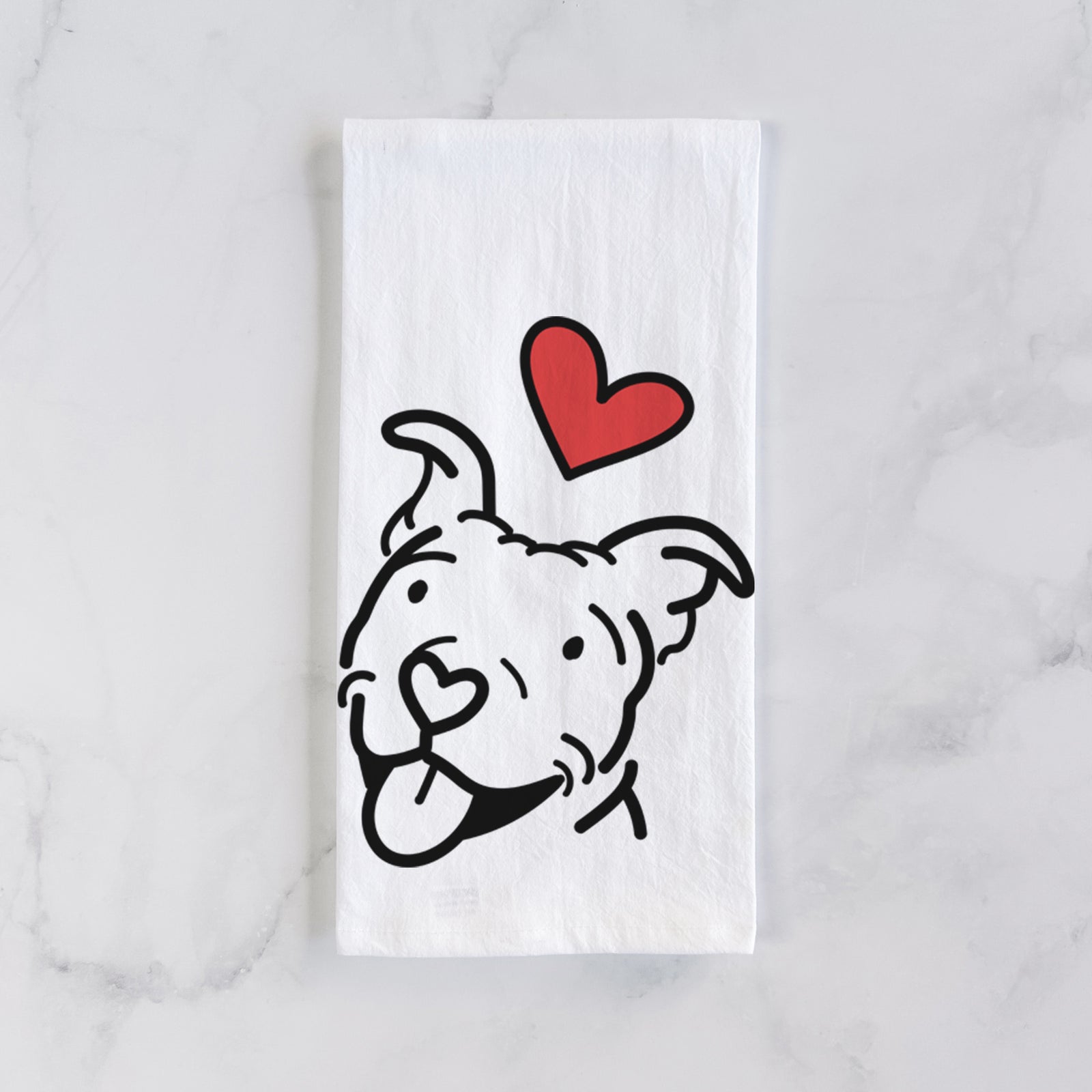 Minimalist line drawing of Arlo the Pitbull with a red heart on a tea towel