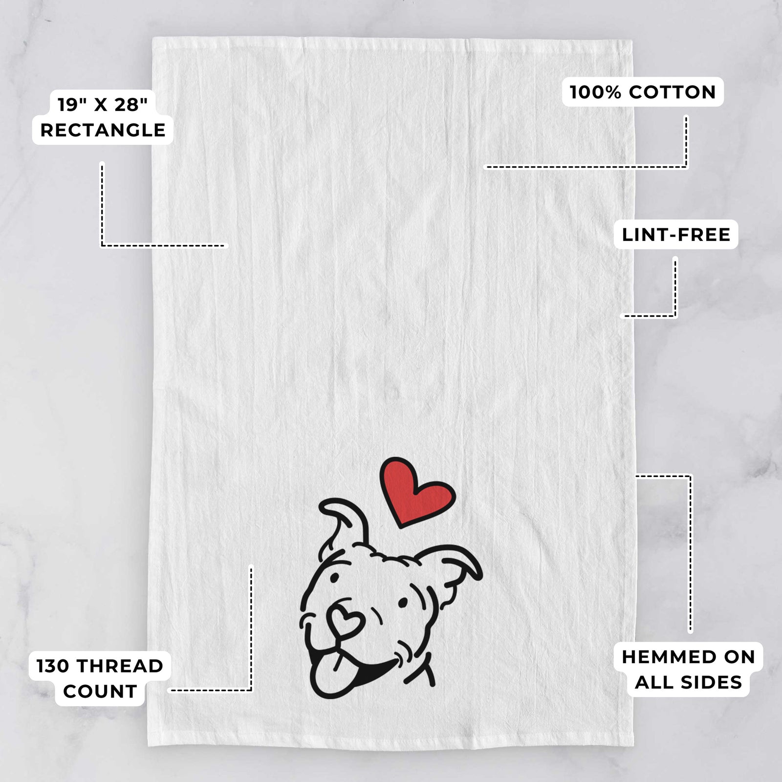 Minimalist line drawing of Arlo the Pitbull with a red heart on a tea towel, with feature callouts: 19 x 28 inch rectangle, 100% cotton, lint-free, 120 thread count, hemmed on all sides