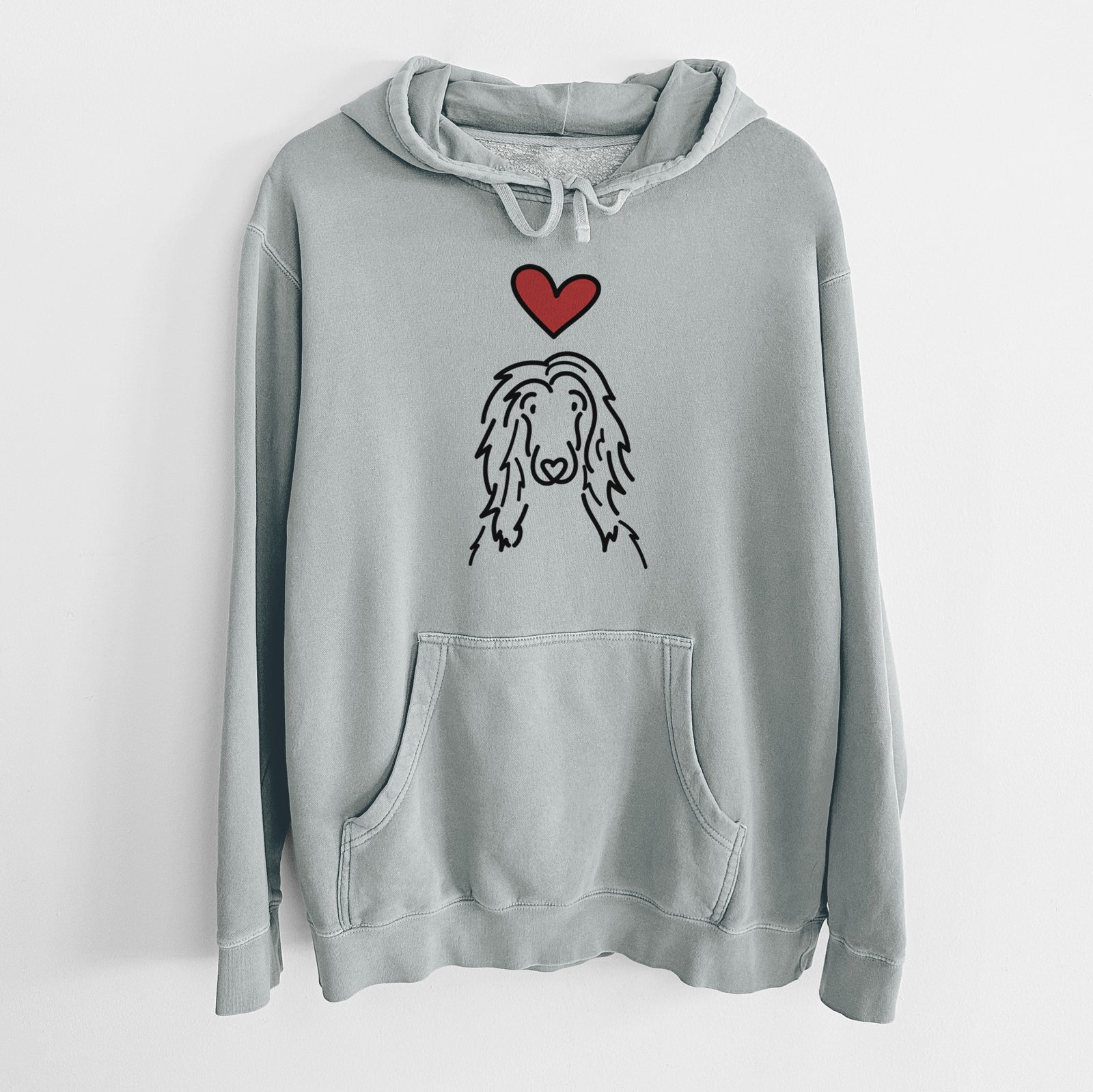 Minimalist line drawing of Asher the Afghan Hound with a red heart on a Sage Unisex pigment dyed hoodie