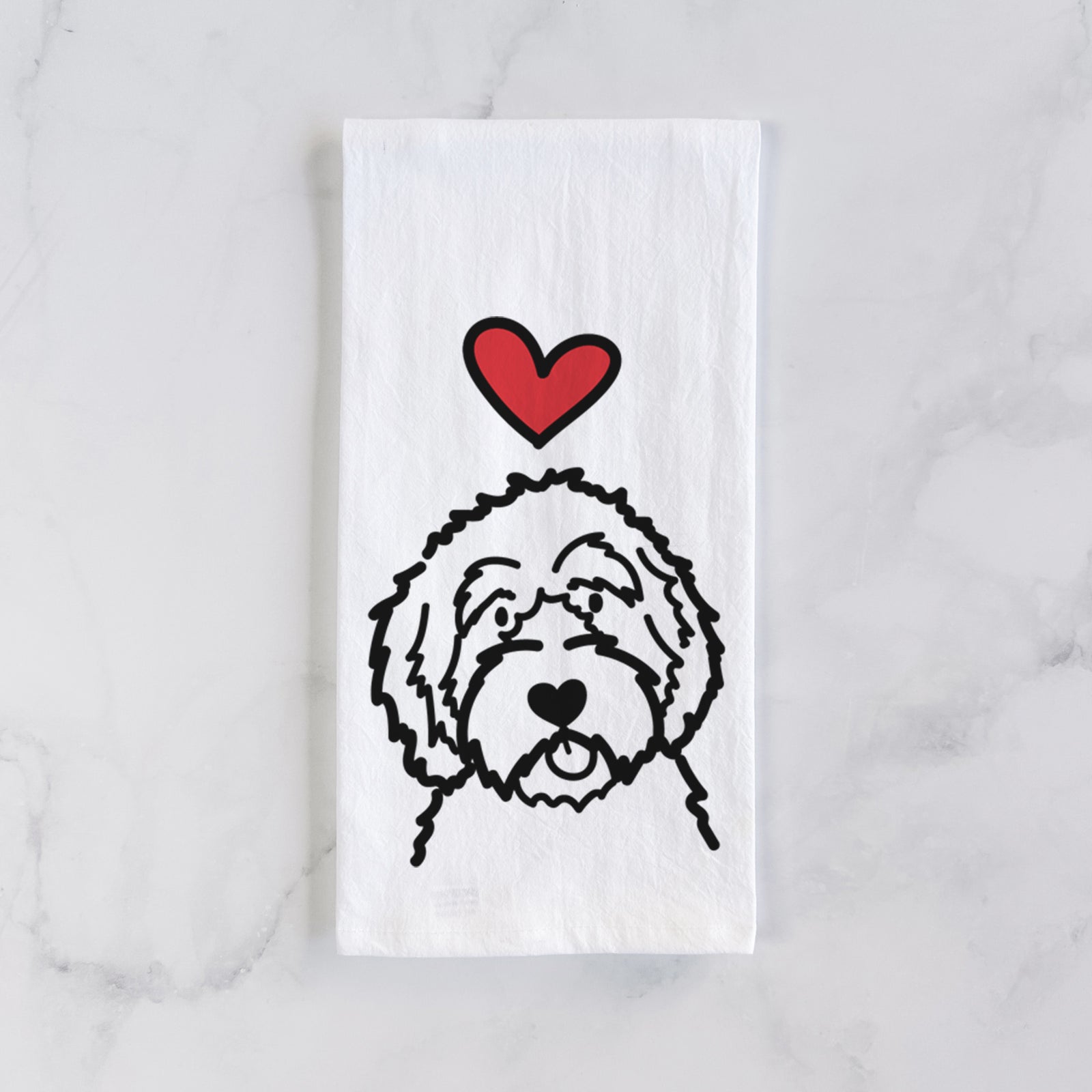 Minimalist line drawing of an Aussiedoodle with a red heart on a tea towel