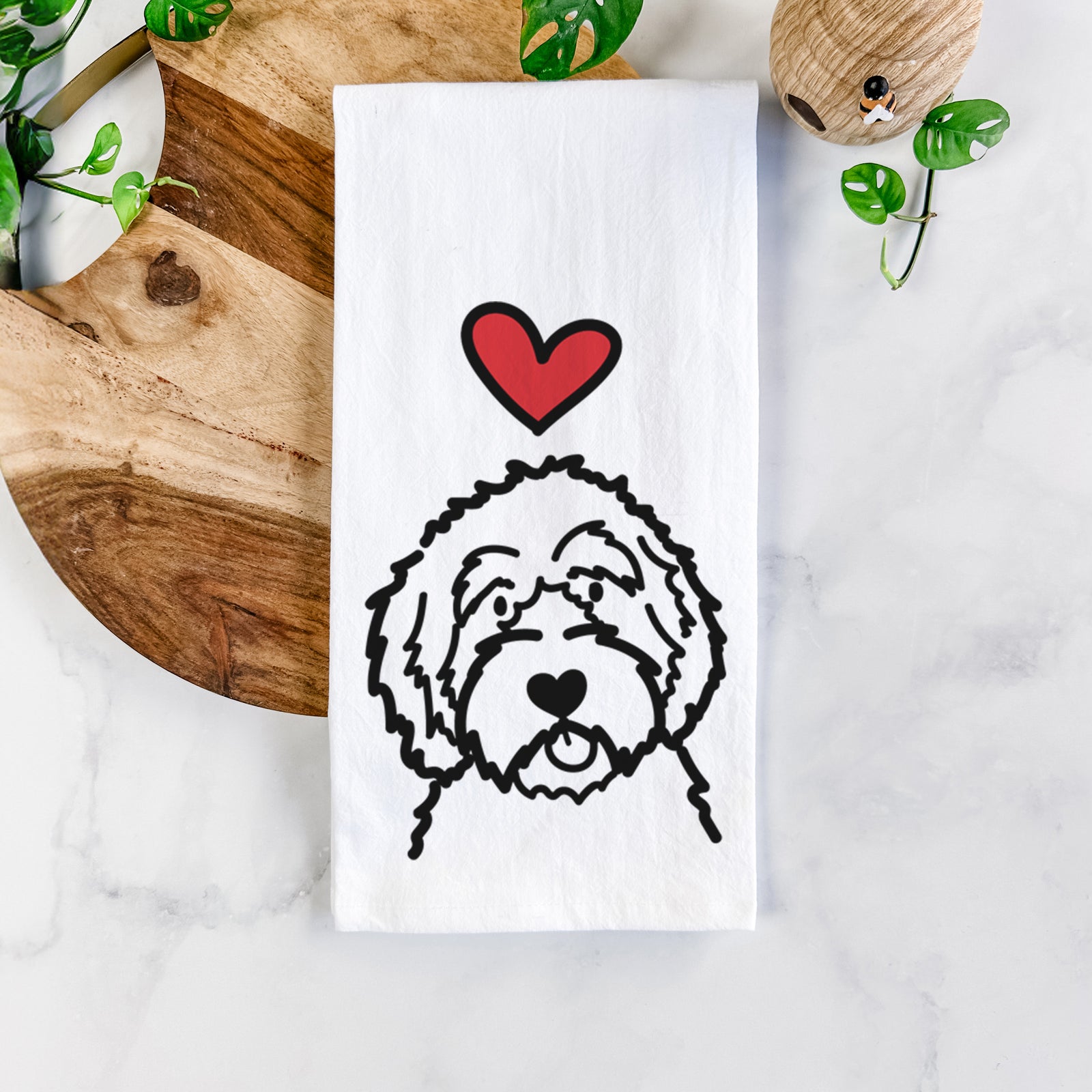 Minimalist line drawing of an Aussiedoodle with a red heart on a tea towel